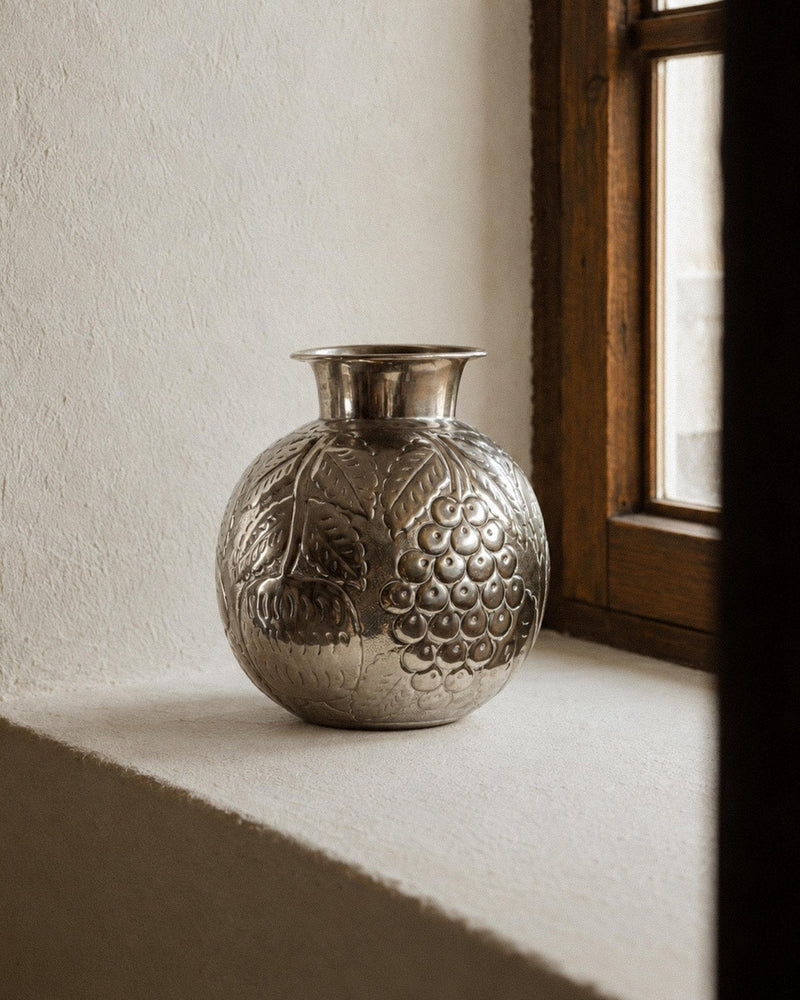 Vintage 1960s Nickel Plated Brass Vase, Hand Hammered Fruit and Leaf Relief, Italian Flower Vase, Decorative Metalwork, Decor Gift Idea by Bottega Jacobs
