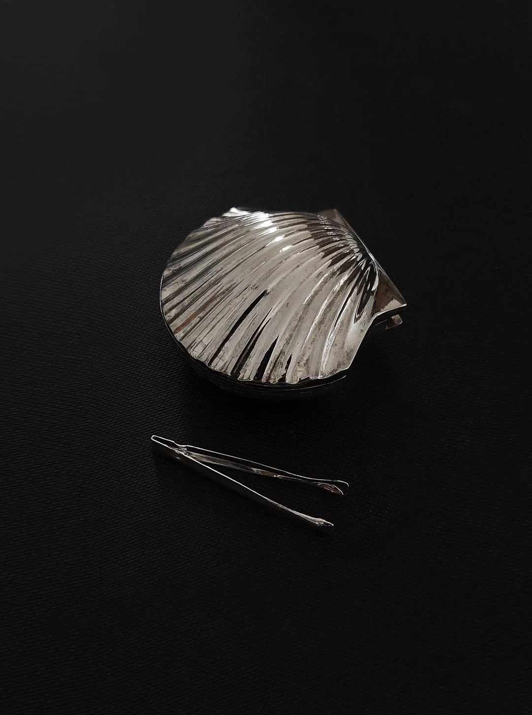 Silver-plated Shell Pill Box — top view on black background