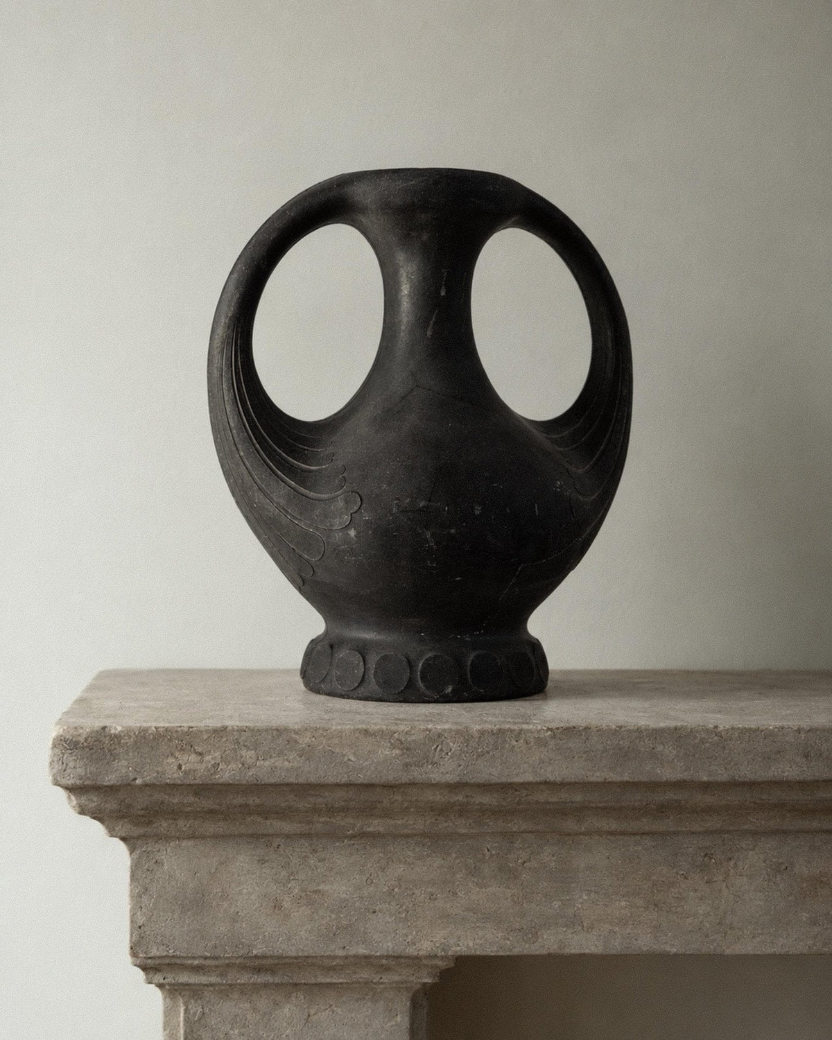 Antique 1920s Lavanite Stone Vase, Sculptural Black Matte Design with Two Handles, Fine Textured Surface, Art Deco Flowervase, Gift Idea by Bottega Jacobs