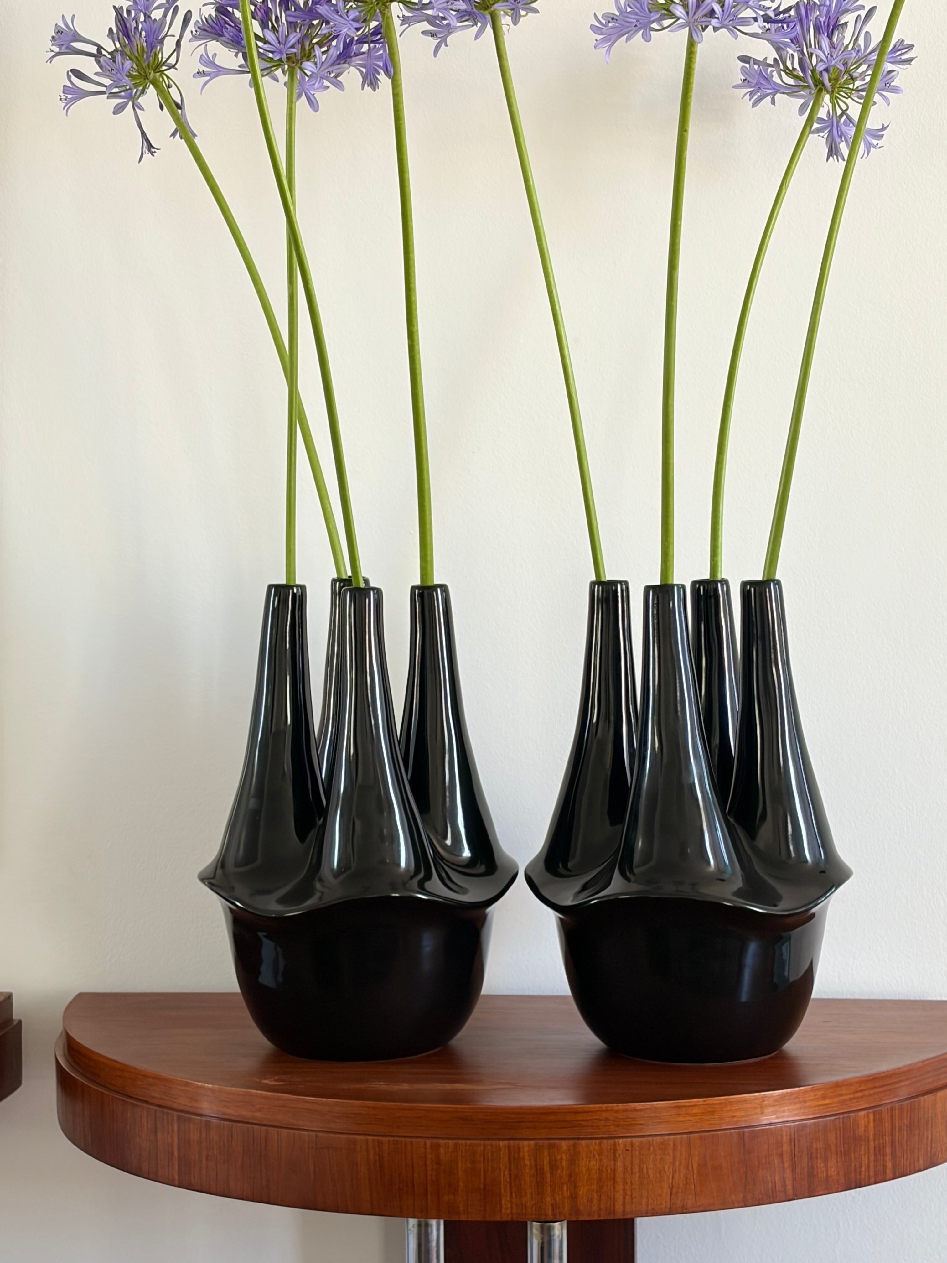 Portuguese Brutalist Black Glazed Multi-Neck Ceramic Vase, 1980s — close-up