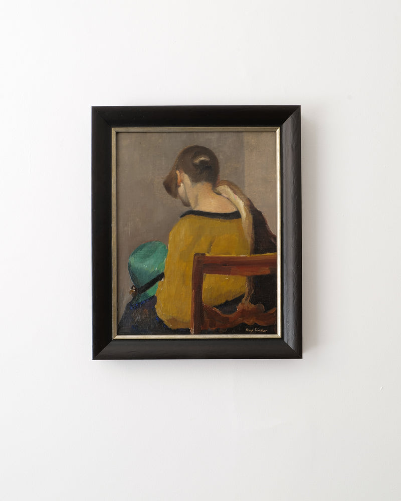 1940s interior study oil painting by Carl Fischer in yellow tones
