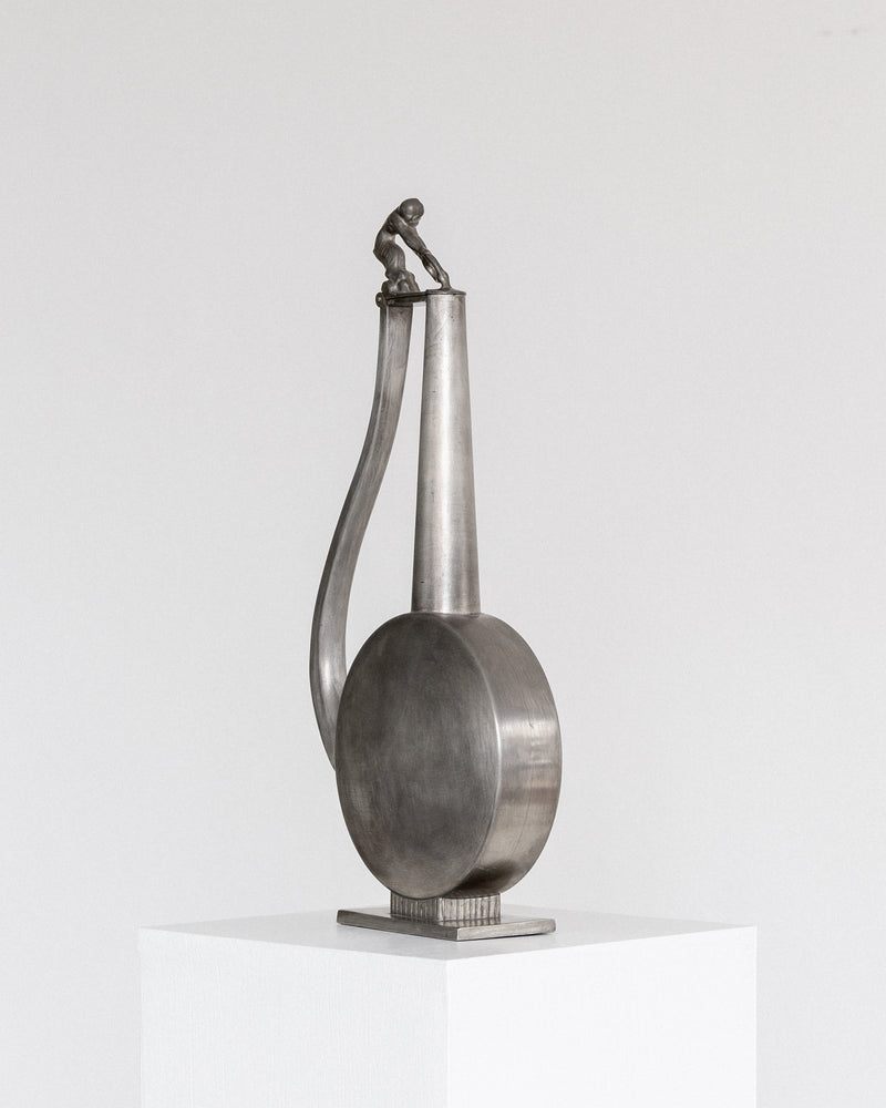 Sculptural Art Deco Pewter Pitcher by GAB, Sweden, 1930s — close-up of pitcher with curved handle