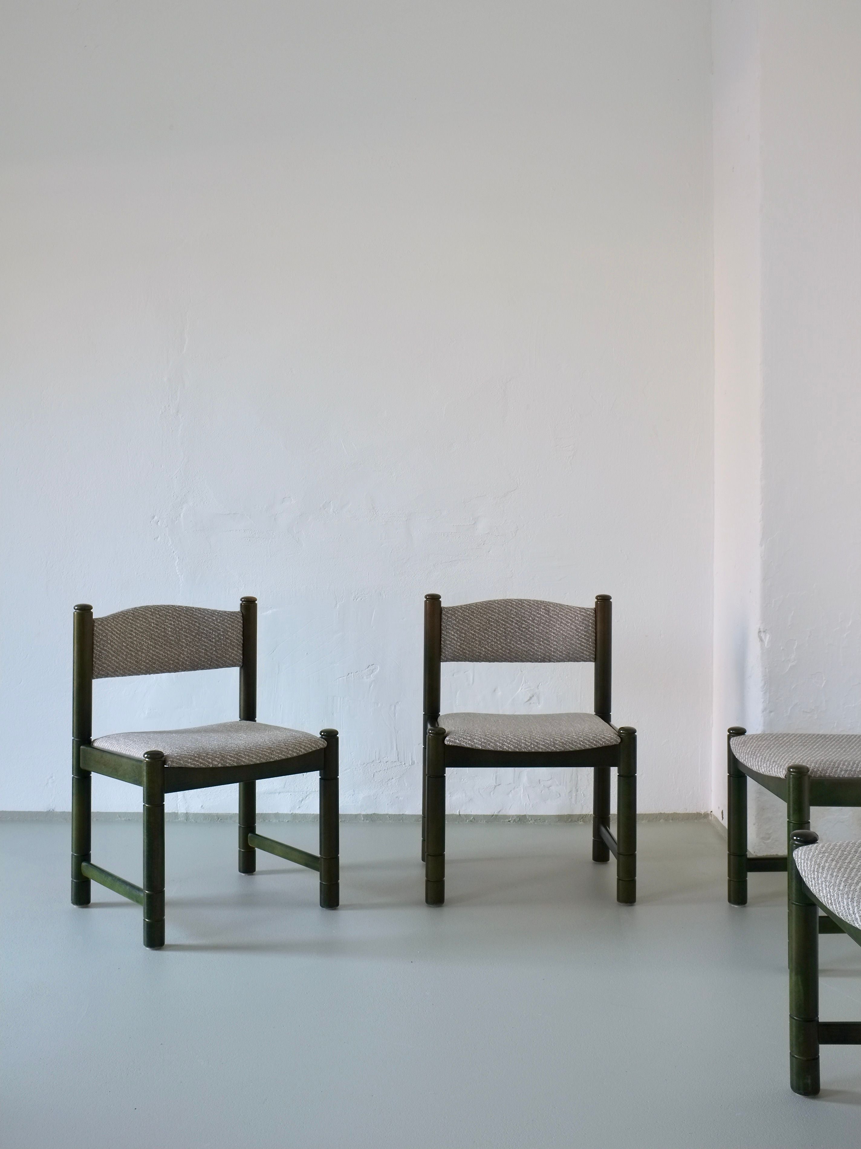 4 Green Carved Wooden Chairs, Scandinavia 1960s — back view in minimalist setting