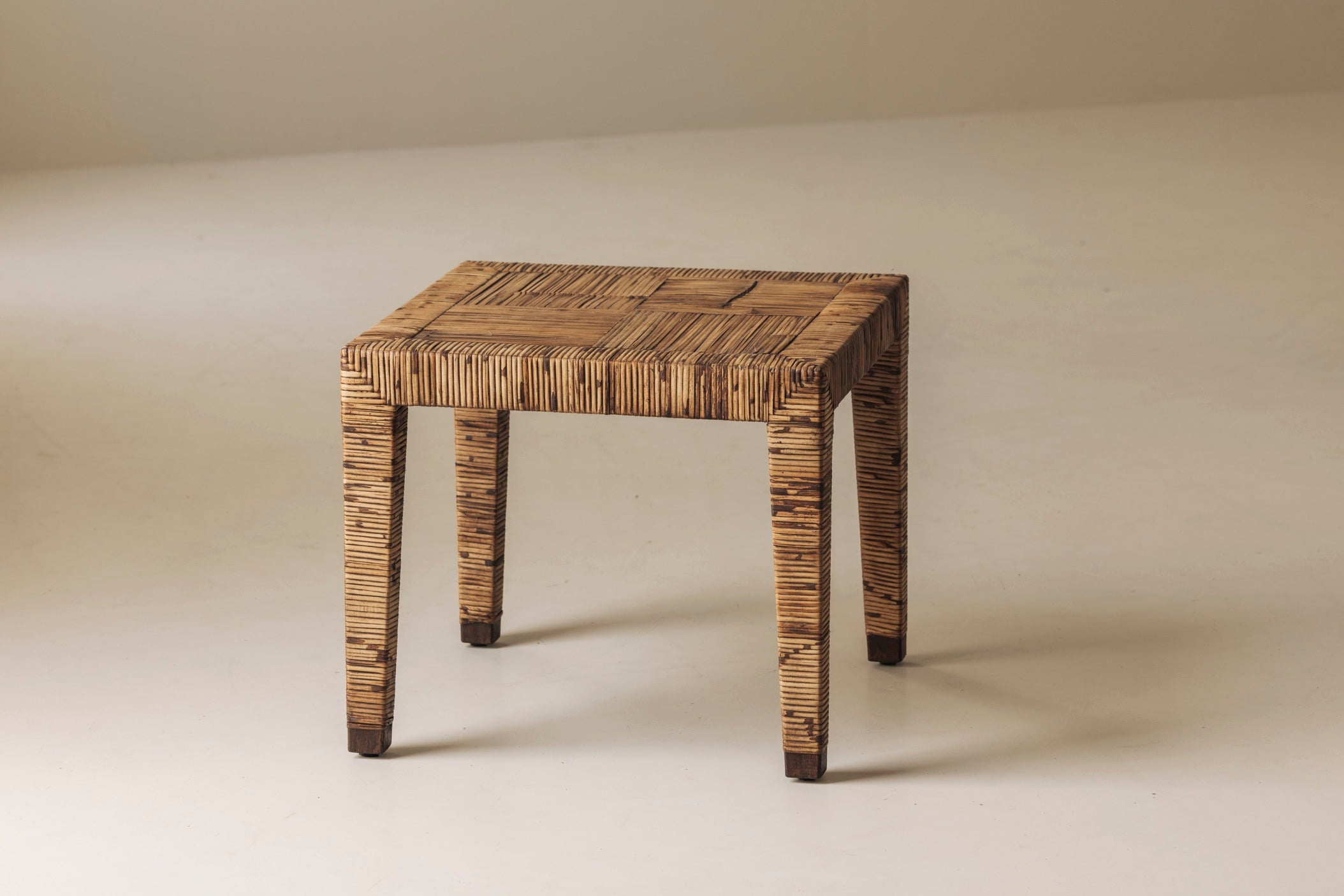 Exceptional French Rattan Wrapped Side Tables, 1970s — Pair — side angle