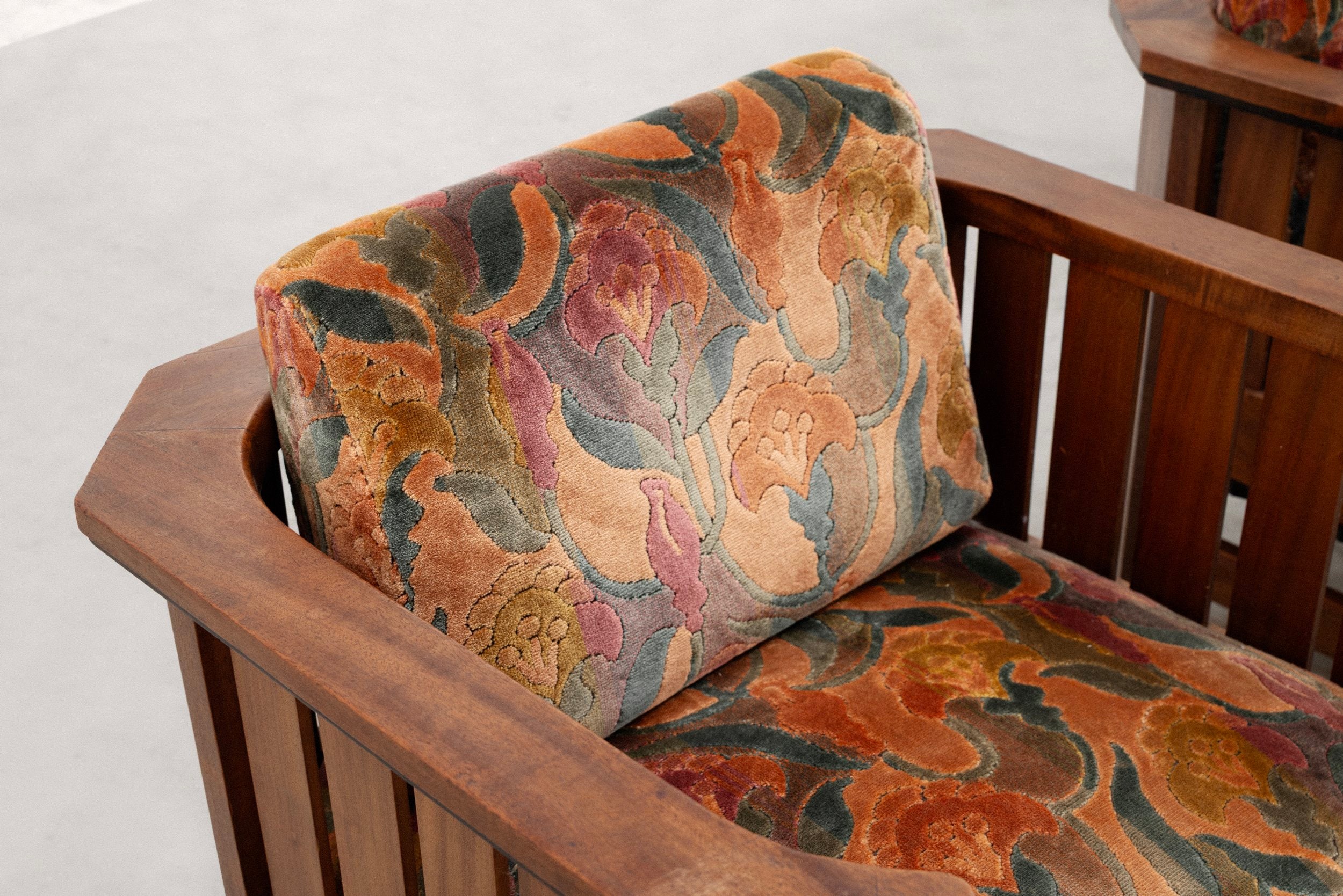 Pair of Amsterdam School Walnut Armchairs, Netherlands, c. 1930 — side angle