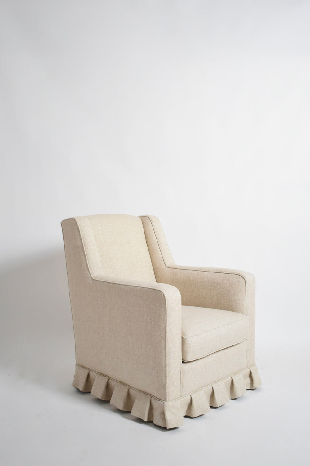 Pair of off white fringe armchairs, 1940s — detail view