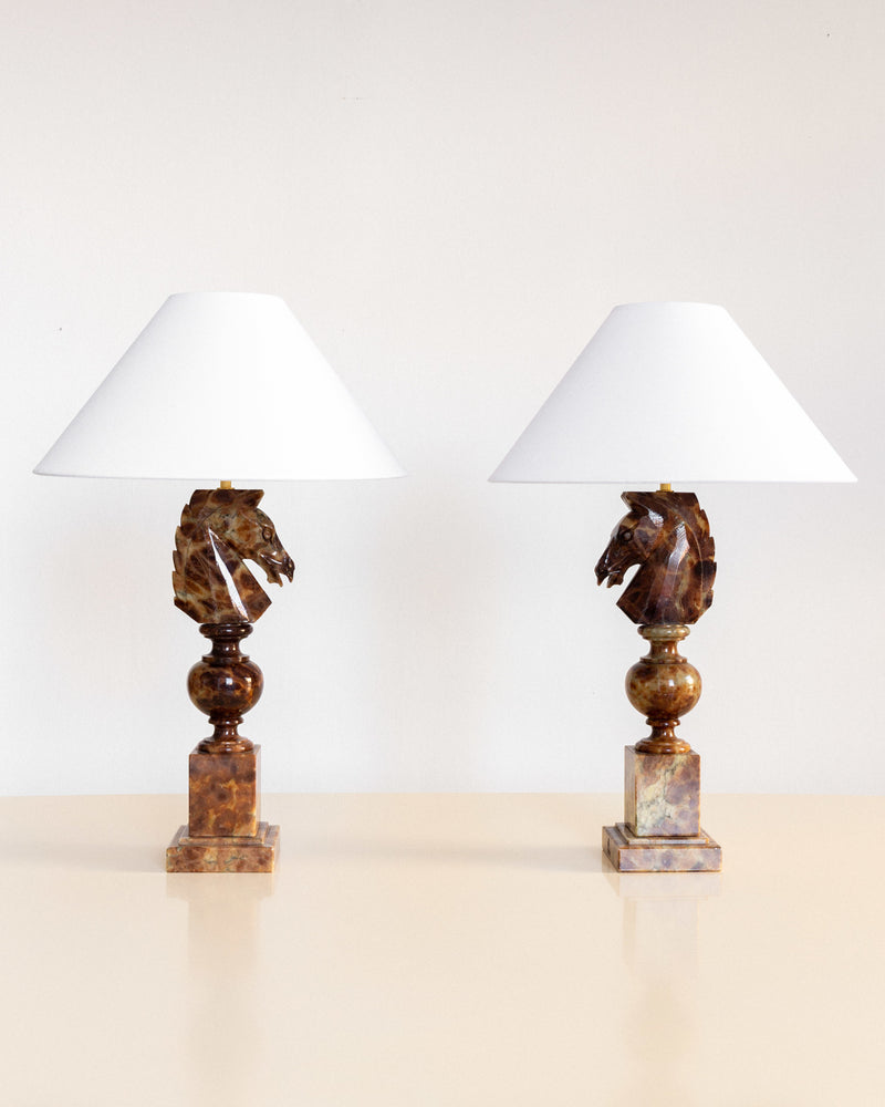 Pair of Large Alabaster Horse Head Table Lamps, Italy, 1970s by Spigel | The Oblist — handcrafted alabaster, warm tones
