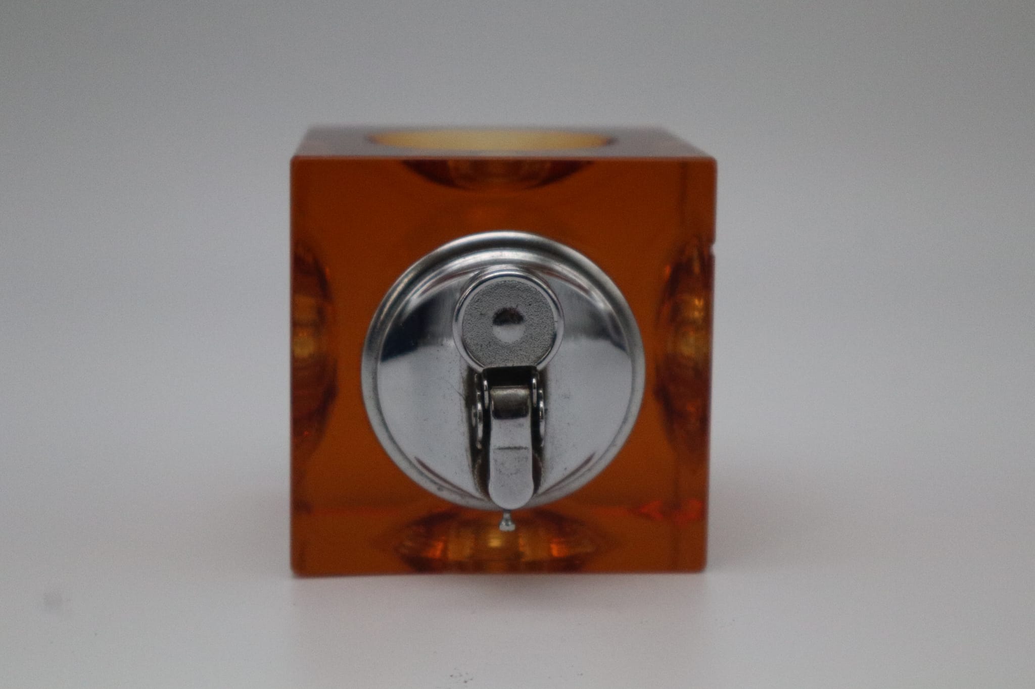 Lighter by Antonio Imperatore, orange murano glass, Italy, 1970 — front view highlighting chrome mechanism
