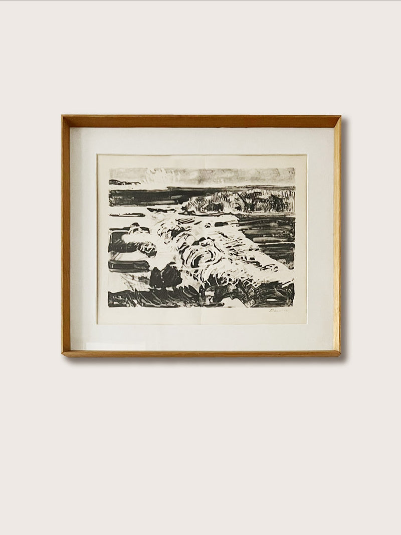 The Large Midcentury Seascape by Médecine is a signed black and white abstract landscape, featuring textured horizontal lines, presented in a vintage oak frame, and displayed on a plain light-colored wall.