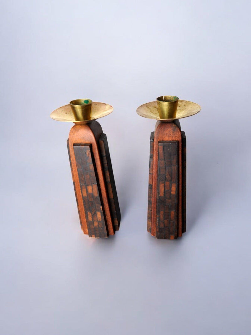 Pair of "David" Candle Holders 1960 — close-up of wooden base and brass top