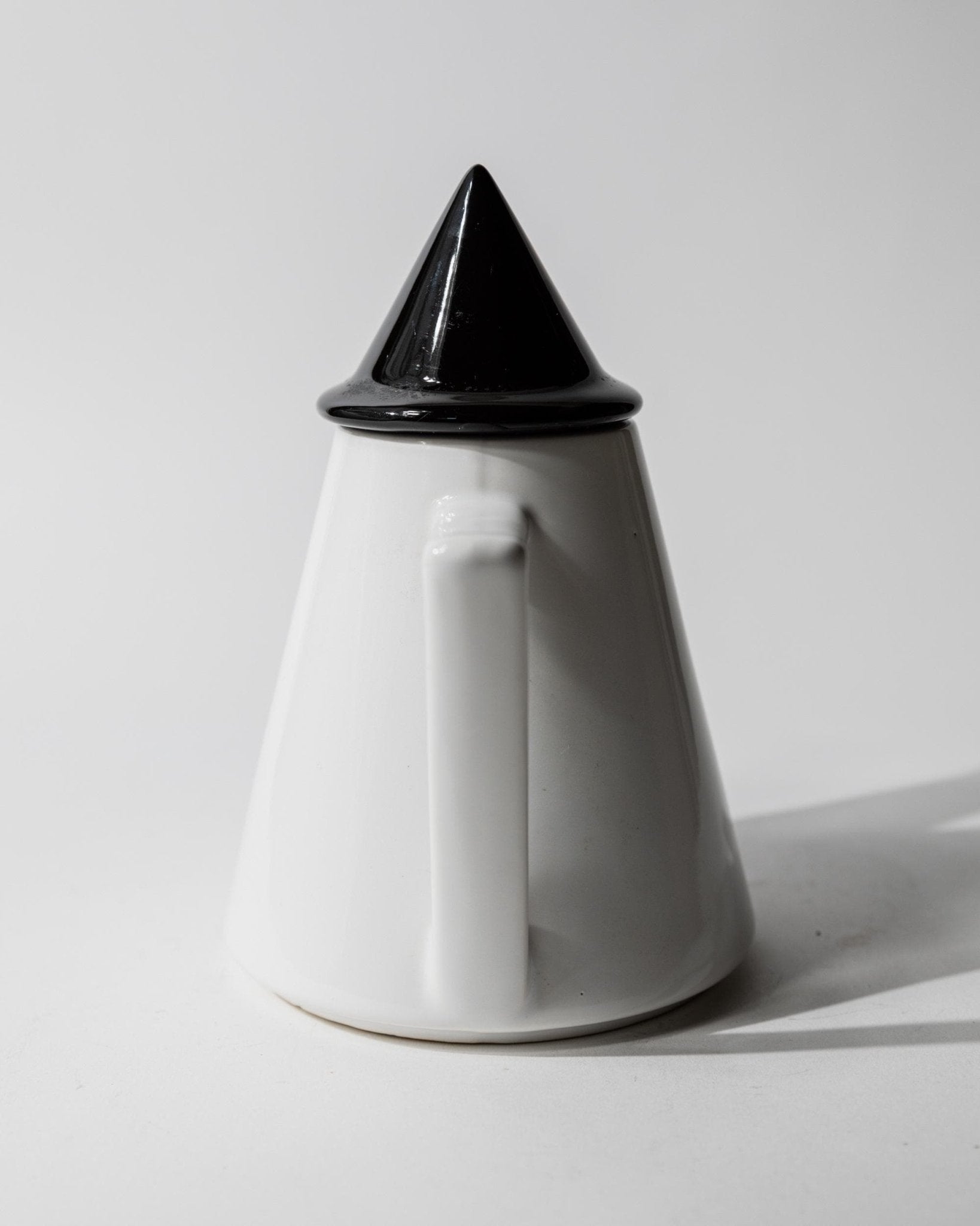 Vintage 1980s Ceramic Coffee or Tea Pot, Memphis Postmodern Design, Black and White Triangle, Sculptural Tableware, Elegant Gift Idea — side angle