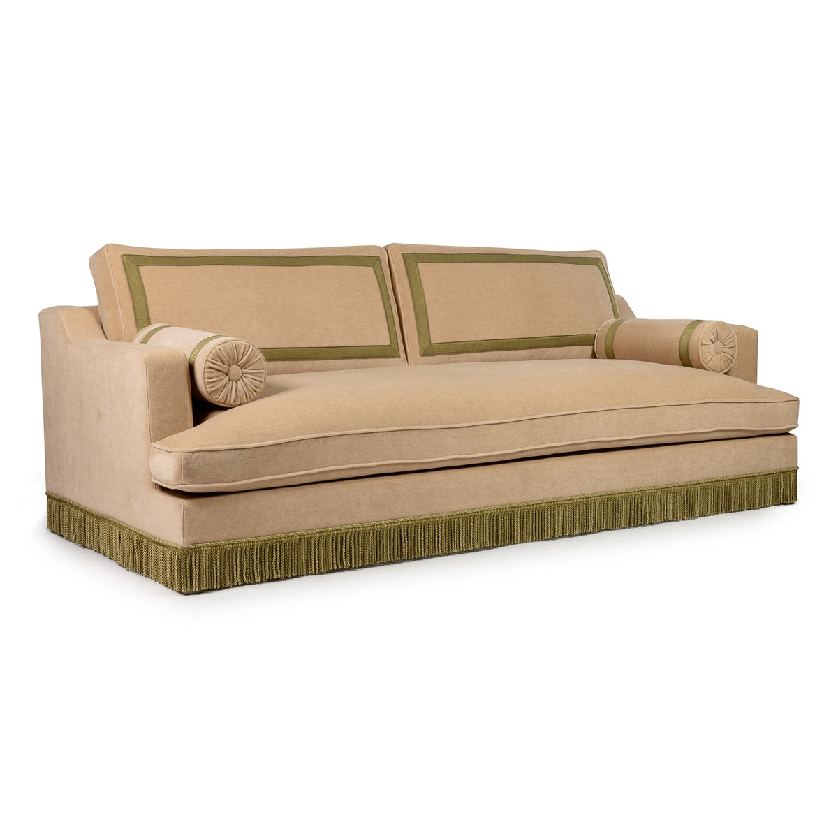Orlando Sofa 230 cm - Mock Mohair Blush - Green Fringe — side angle