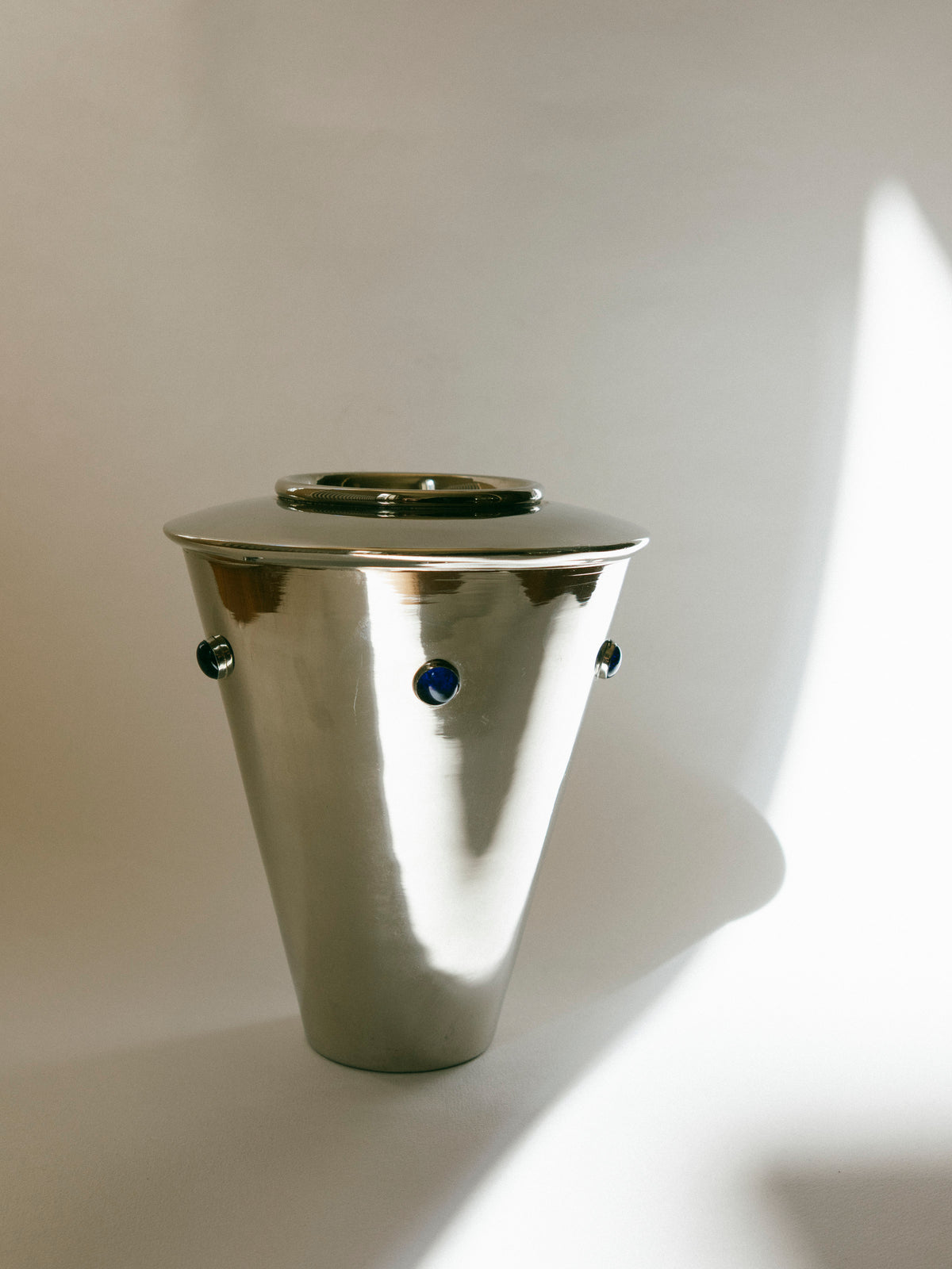 Art Deco Conical Silver Vase with Cobalt Cabochons (19cm) — lifestyle setting