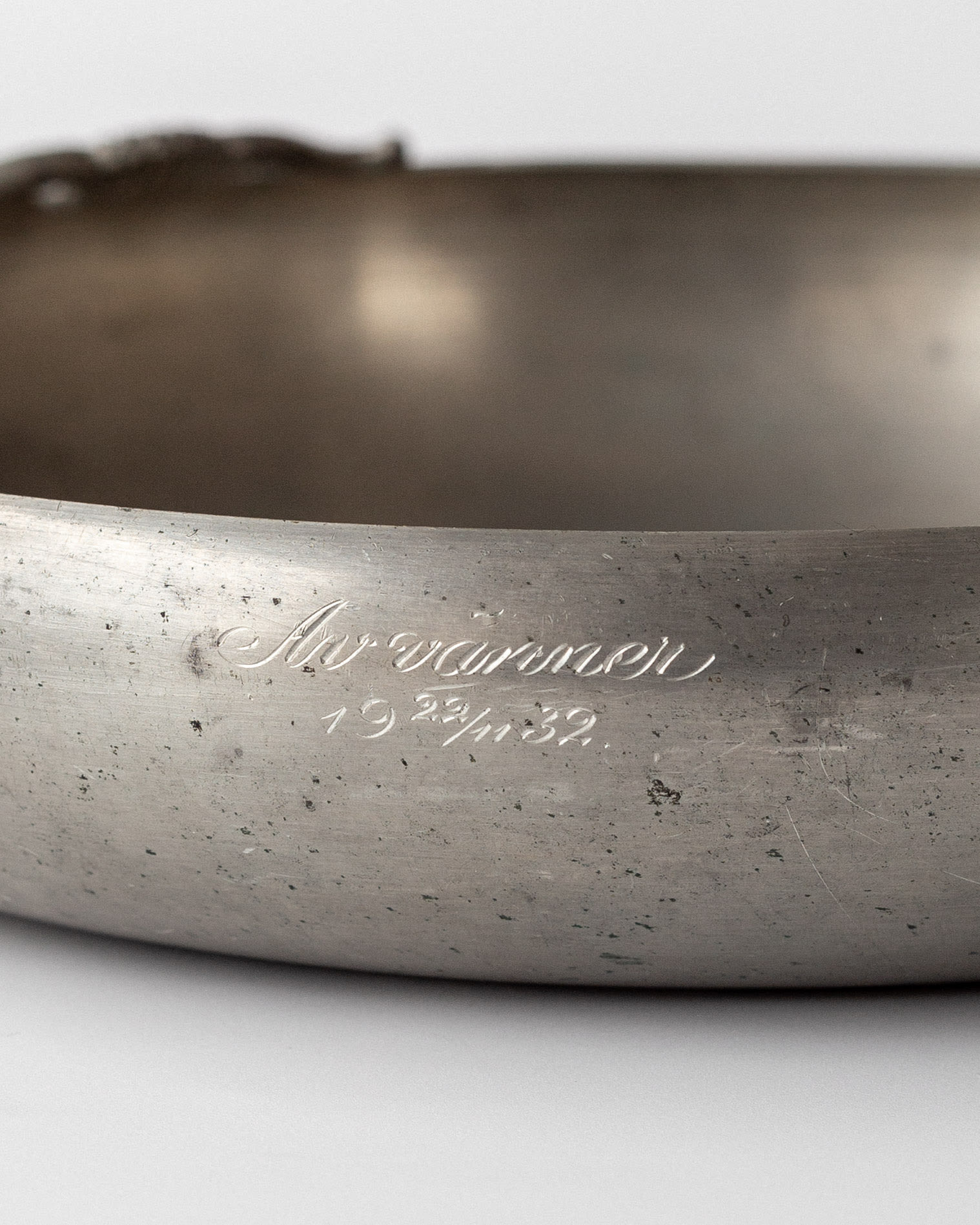 Art Deco Pewter Bowl by Sylvia Stave, Sweden, 1932 — top view highlighting engraved signature