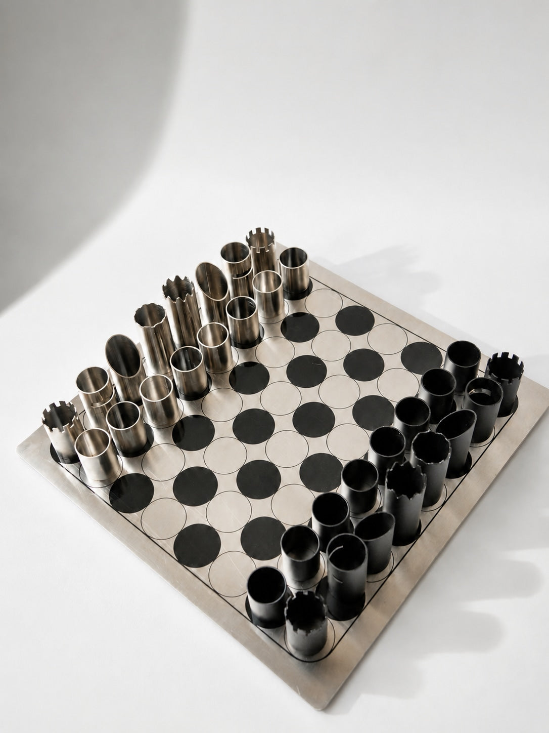 Rare Italian Modernist Steel Chess Set, Architectural Geometric Design — close-up