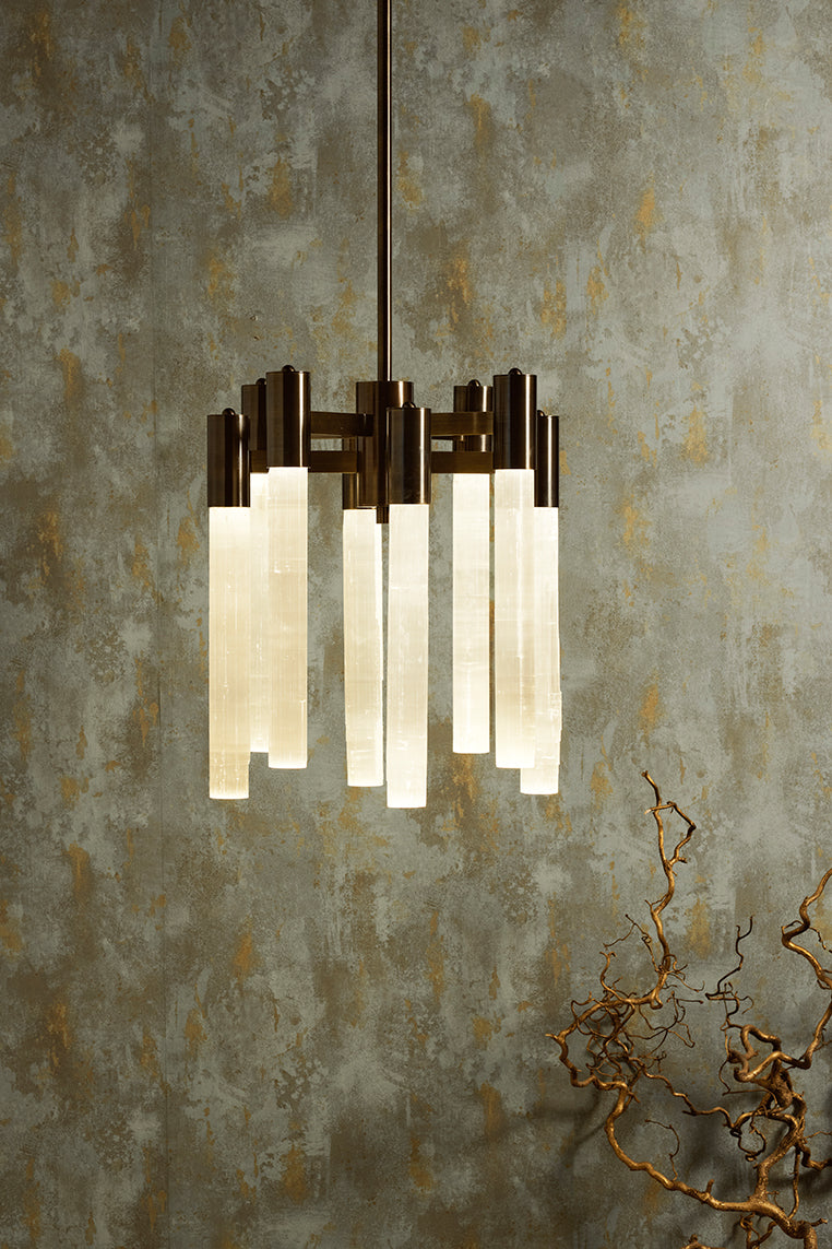 SELENE Chandelier in selenite and brushed bronze — lifestyle setting