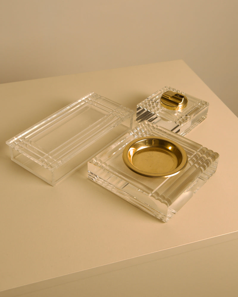 Italian Plexiglass and Brass Smoking Desk Set 70s — close-up of ashtray with brass insert