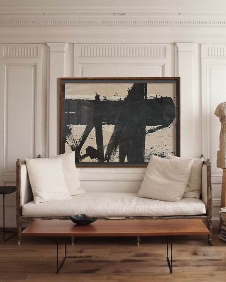 Marblehead Ink and Color Pigments on Raw Canvas — framed artwork above modern sofa