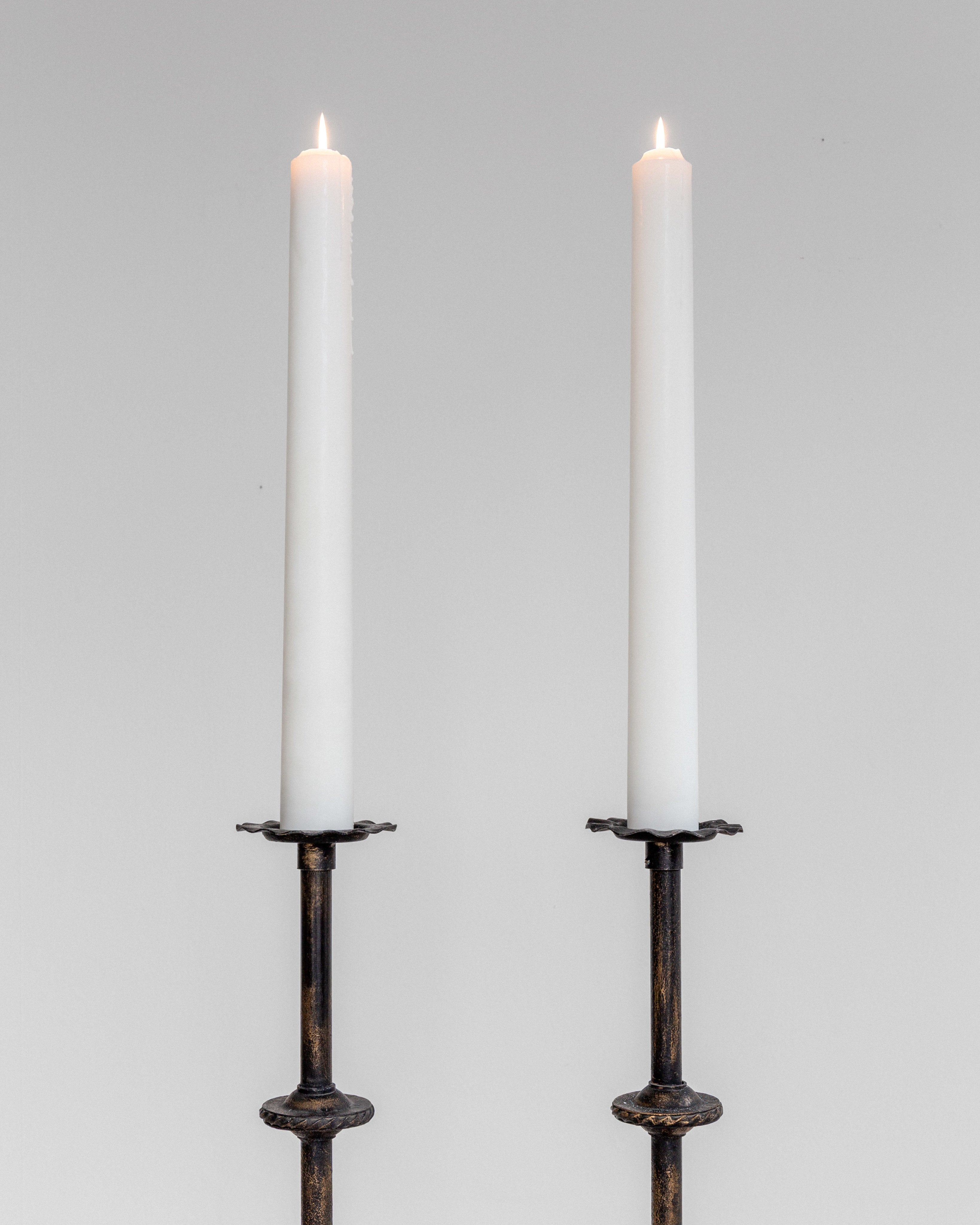 Pair of Monumental Cast Iron Floor Candleholders by Böhlmarks, Sweden, 1930s — top view of candleholders with white candles