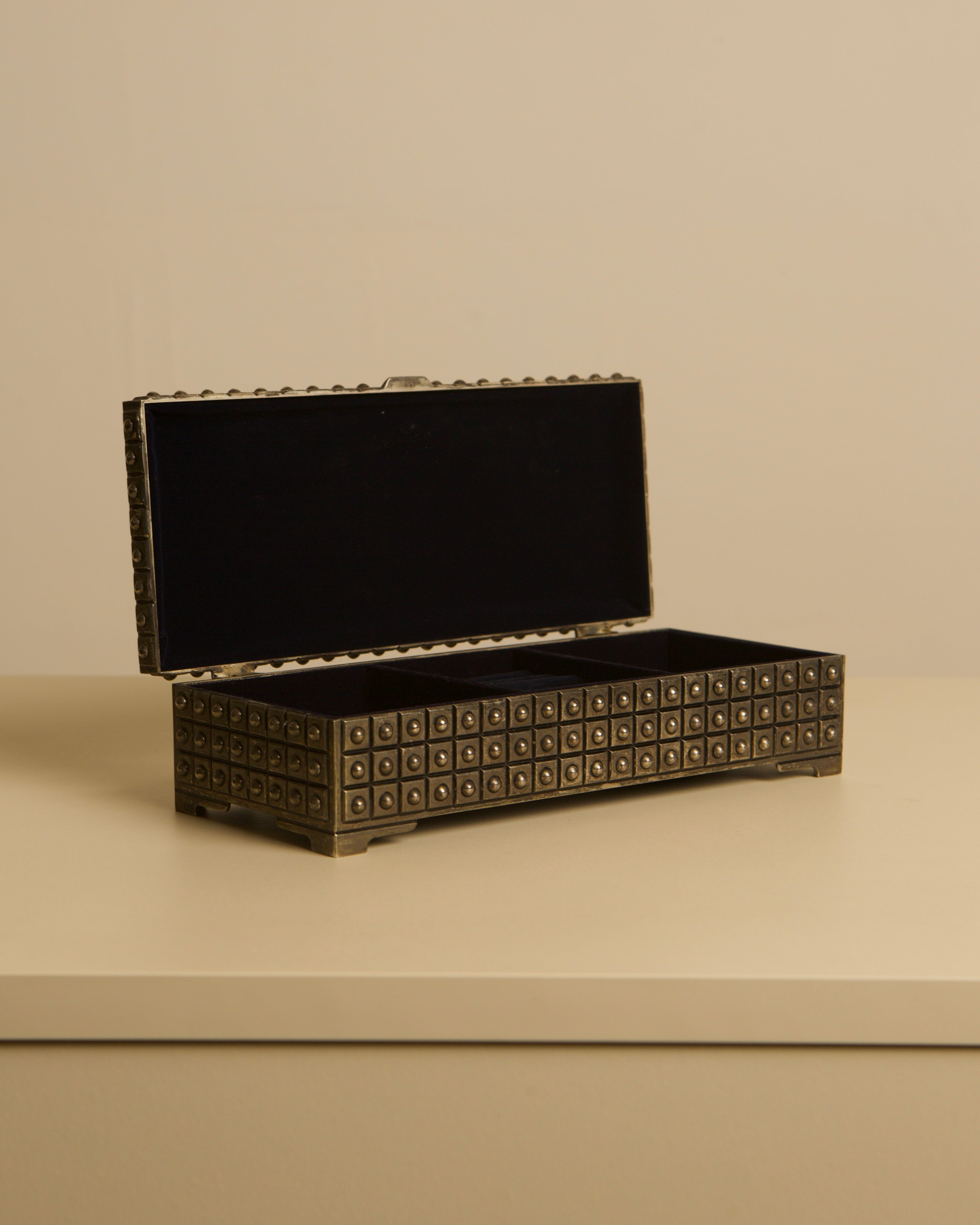 Italian studded metal jewelry box with blue velvet interior, 1950s — side angle