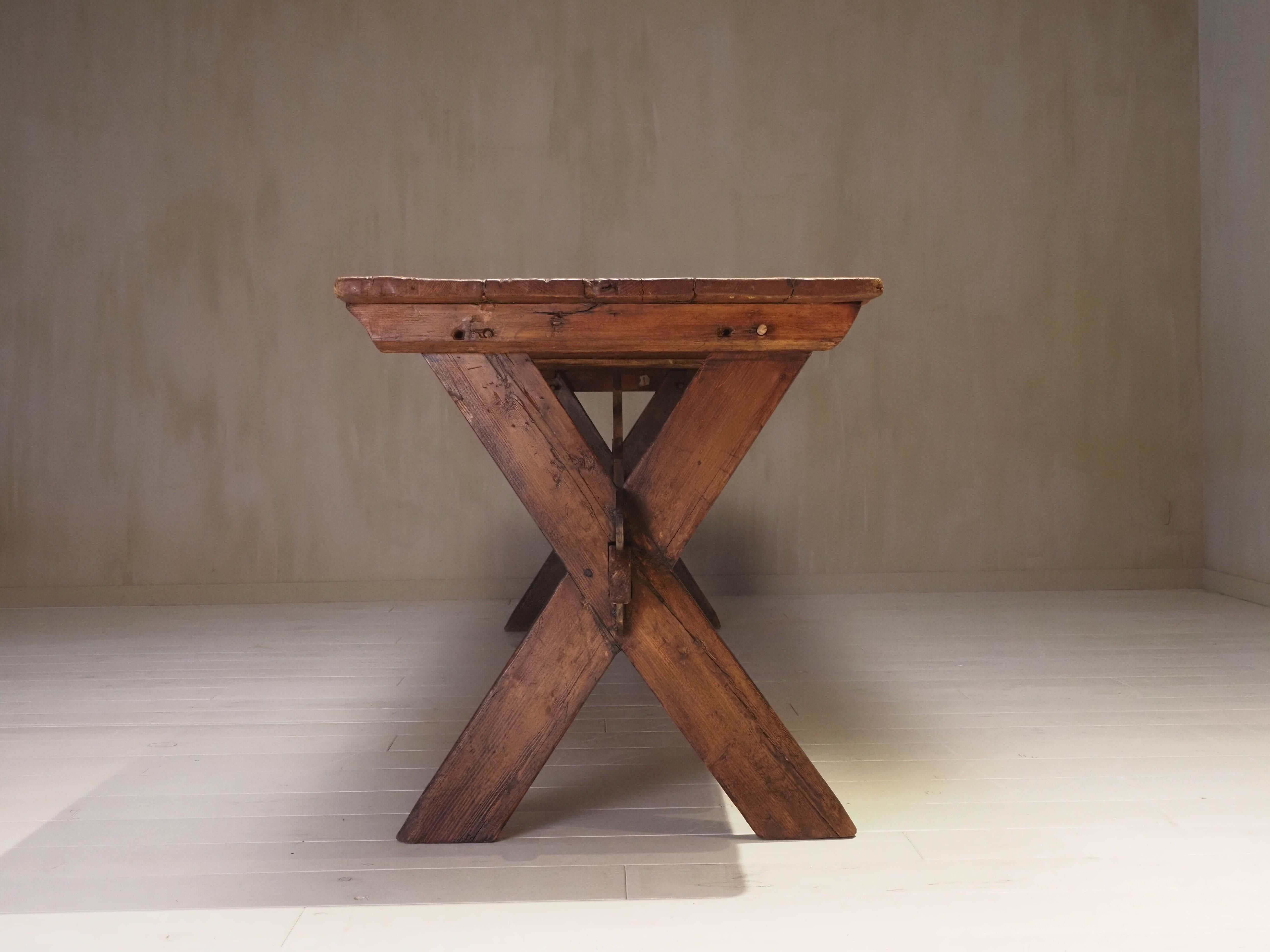 19th Century X-Frame Trestle and Cross Stretcher Base Table by Puttenaers | The Oblist