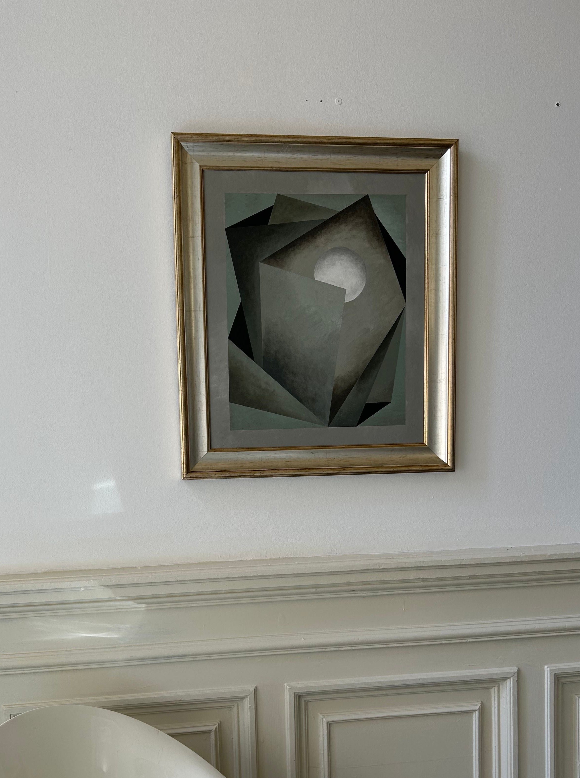 The "Nest" Painting by Iris Bavelaar features abstract geometric shapes in gray and forest green, with a white circle at the center—an elegant contemporary accent for any wall.