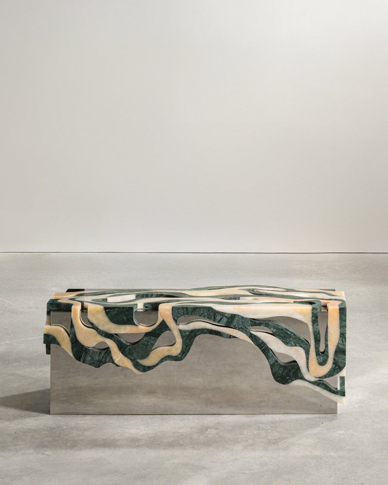Orbis bench with green marble and beige resin flowing patterns