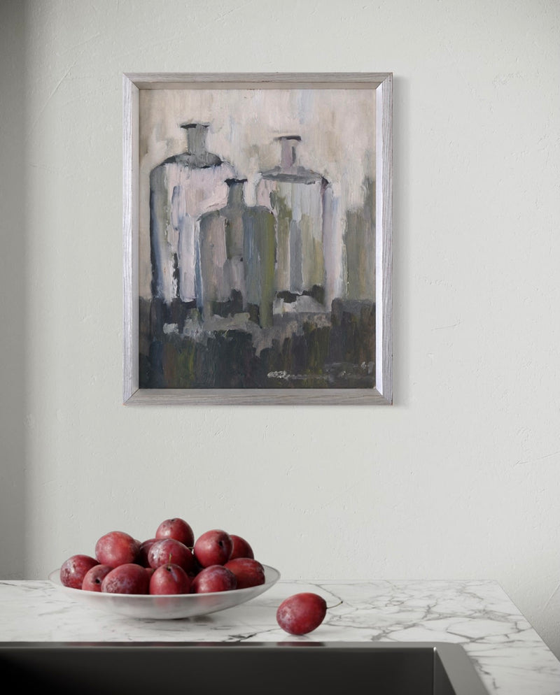 Gunnar Persson Still Life Painting, Oil on Panel, 1969 — detail of bottles against light wall