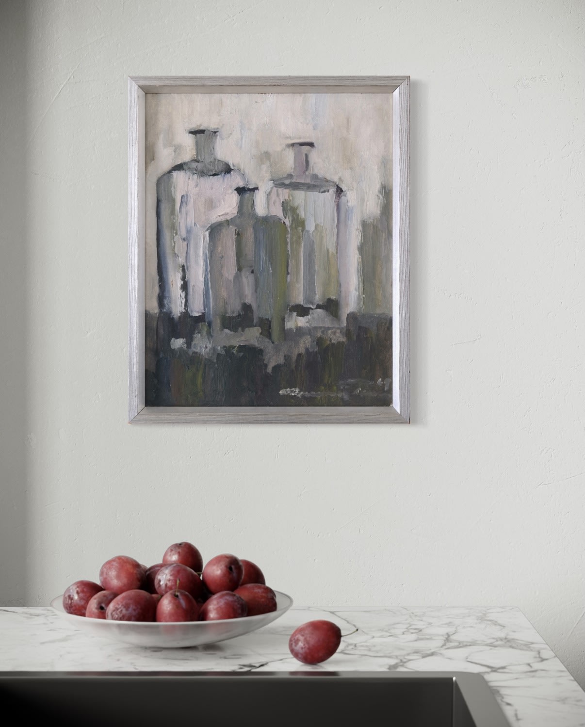 Gunnar Persson Still Life Painting, Oil on Panel, 1969 — detail of bottles against light wall