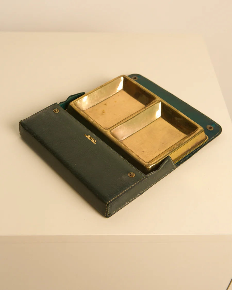 Gucci 1940s vide-poche open showing brass compartments and green leather case