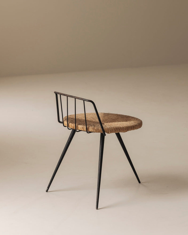 Rare French tripod stool in metal and rush, dating from the 1950s by Modern Living | The Oblist