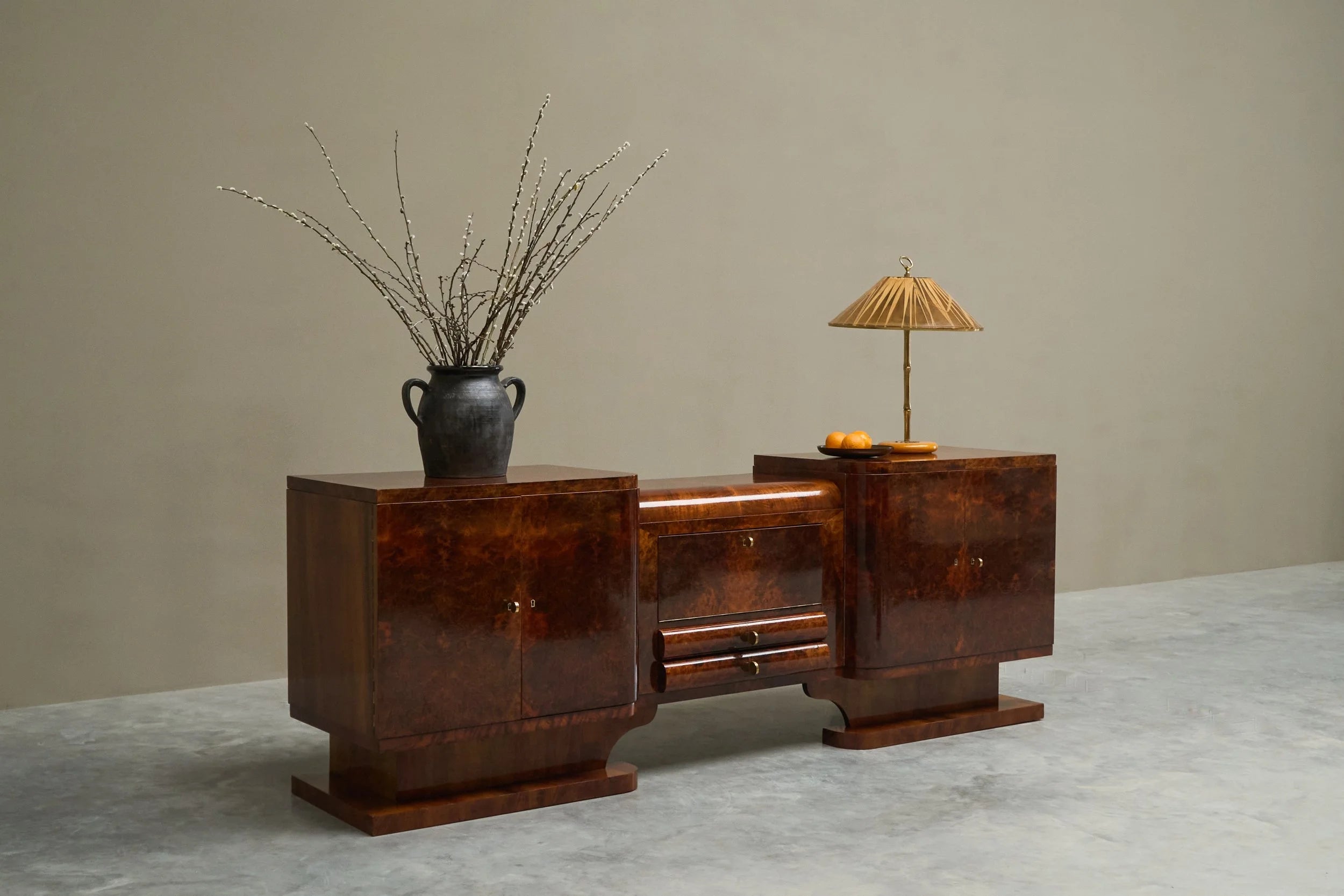 Exceptional De Coene Frères Art Deco Sideboard in Walnut and Burl Walnut Veneer Belgium 1930s — close-up