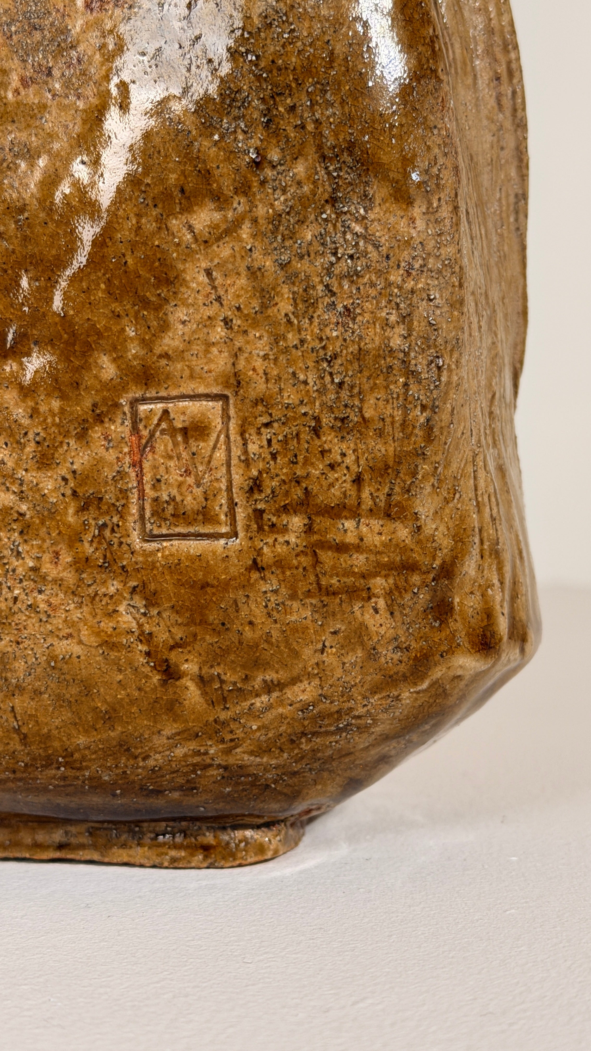 Stoneware Vase, attributed to Antoine de Vinck, Belgium, 1970 — close-up of textured brown surface with maker's mark