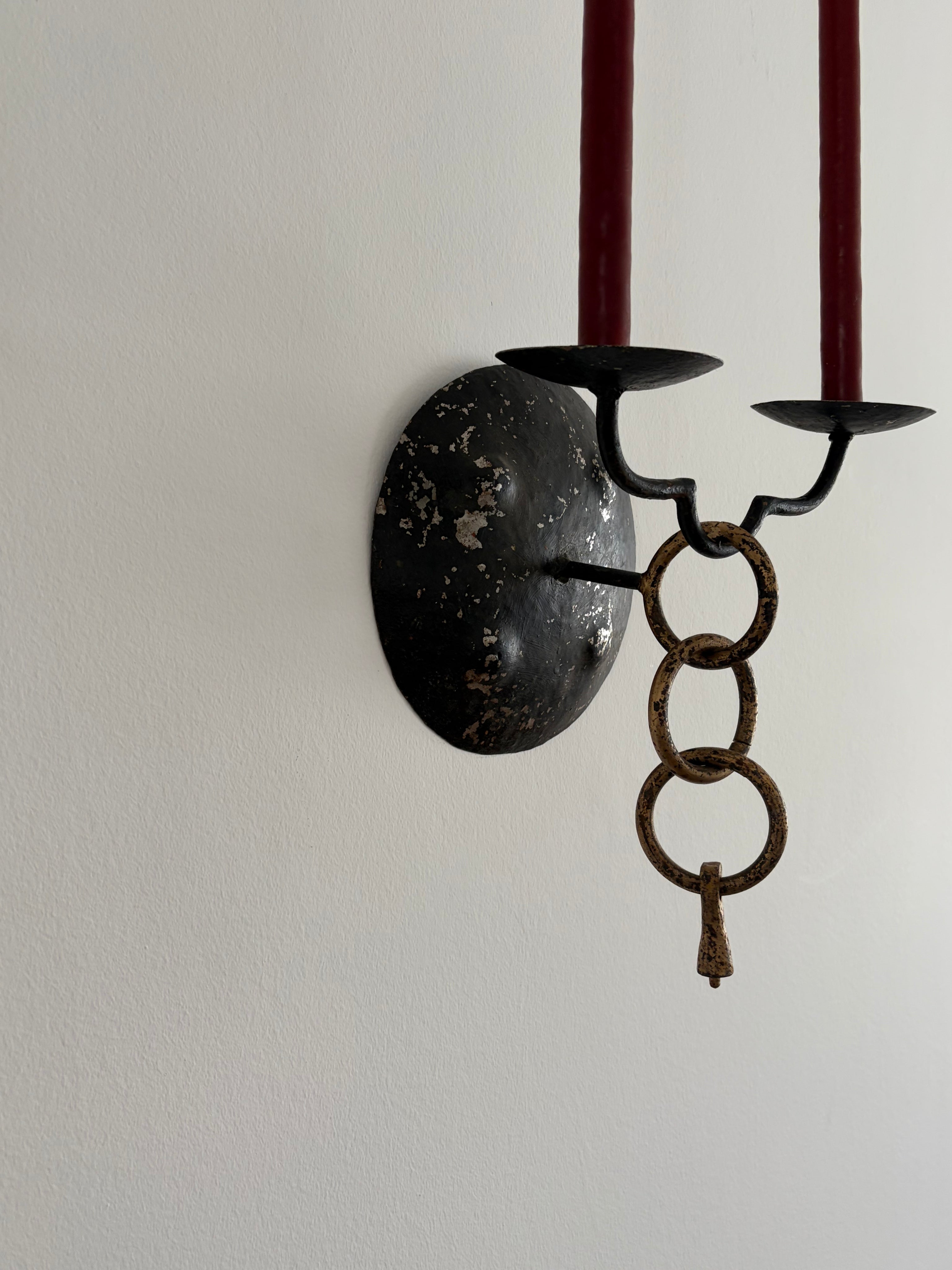 Pair of Brutalist Wall Candleholders, Iron and Brass, Iberian Peninsula, mid-20th century — side angle