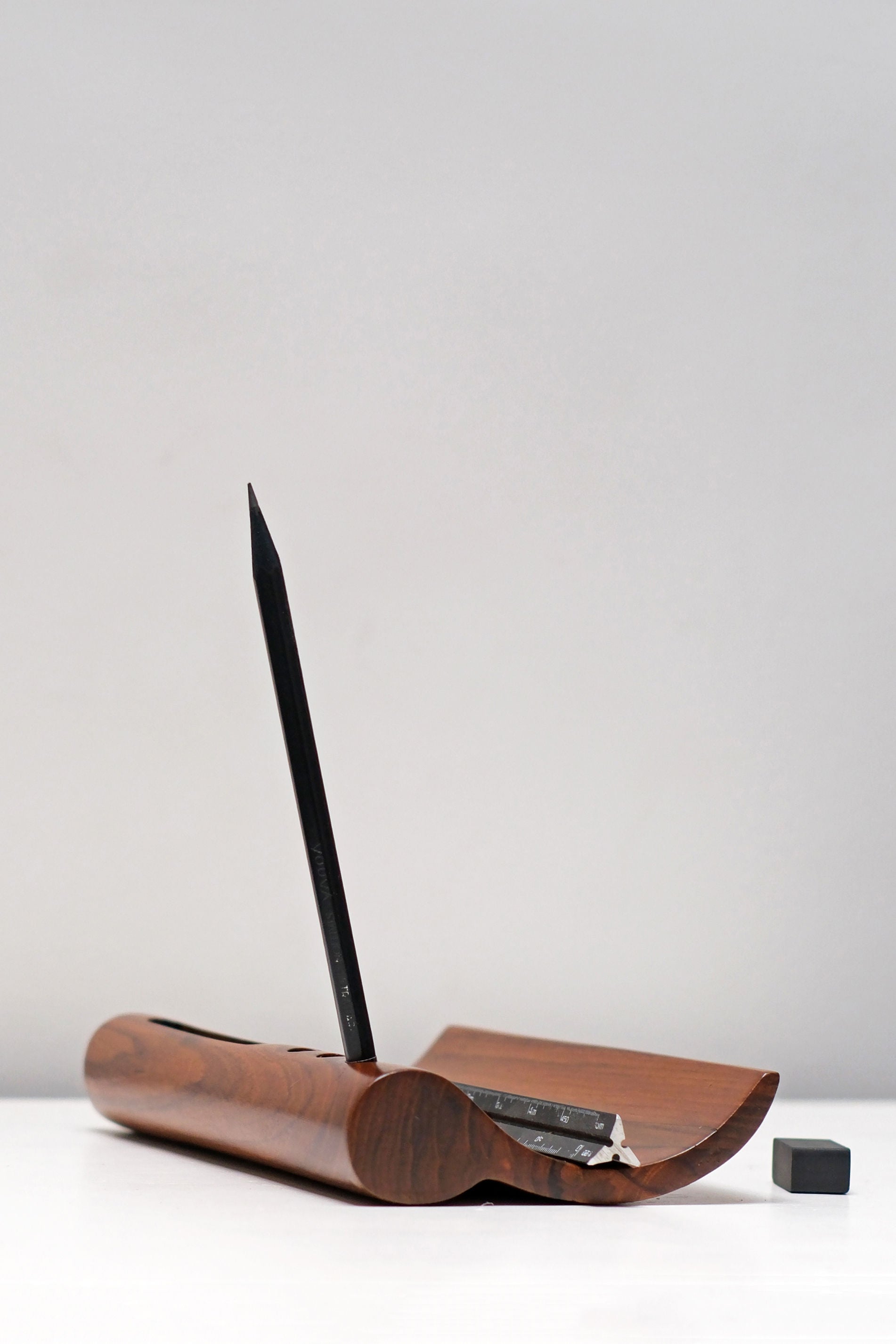 Taksh' Pen Holder — close-up of handcrafted wooden design with pencil