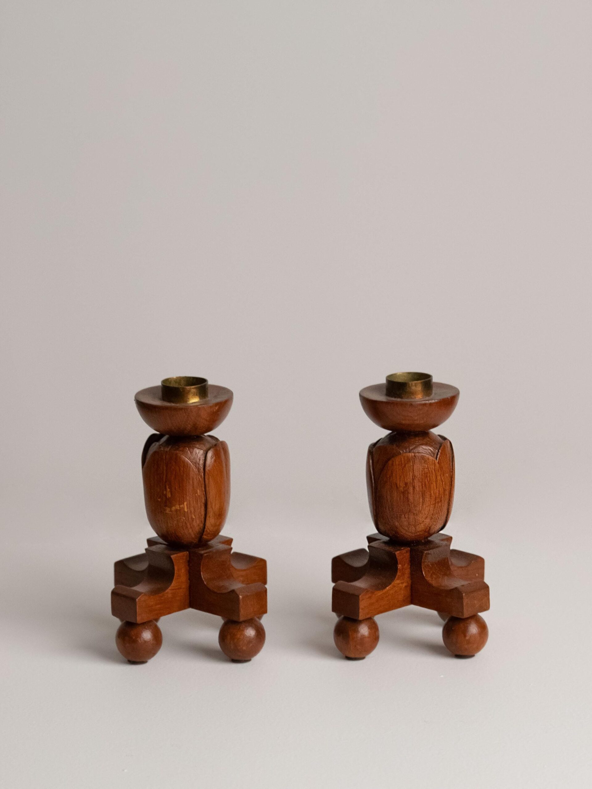Vintage Hand-Carved Wooden Tulip Candlesticks, Mid-Century Scandinavian Folk Art, Pair — detail view
