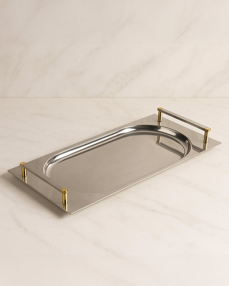 Vintage stainless steel serving tray with brass handles 1980s