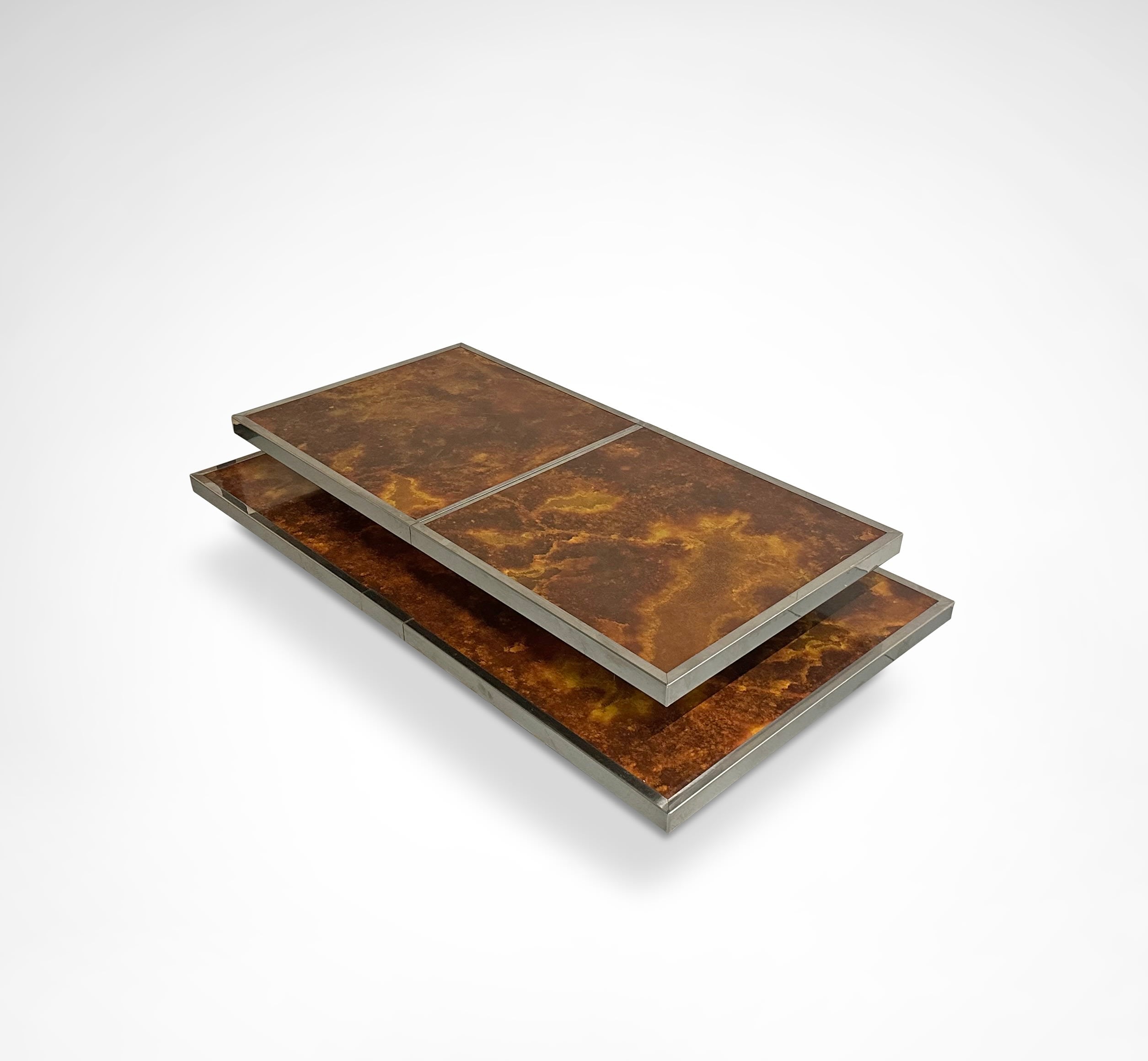Sliding two tier burl wood and metal coffee table with integrated bar France 1980s — view 9