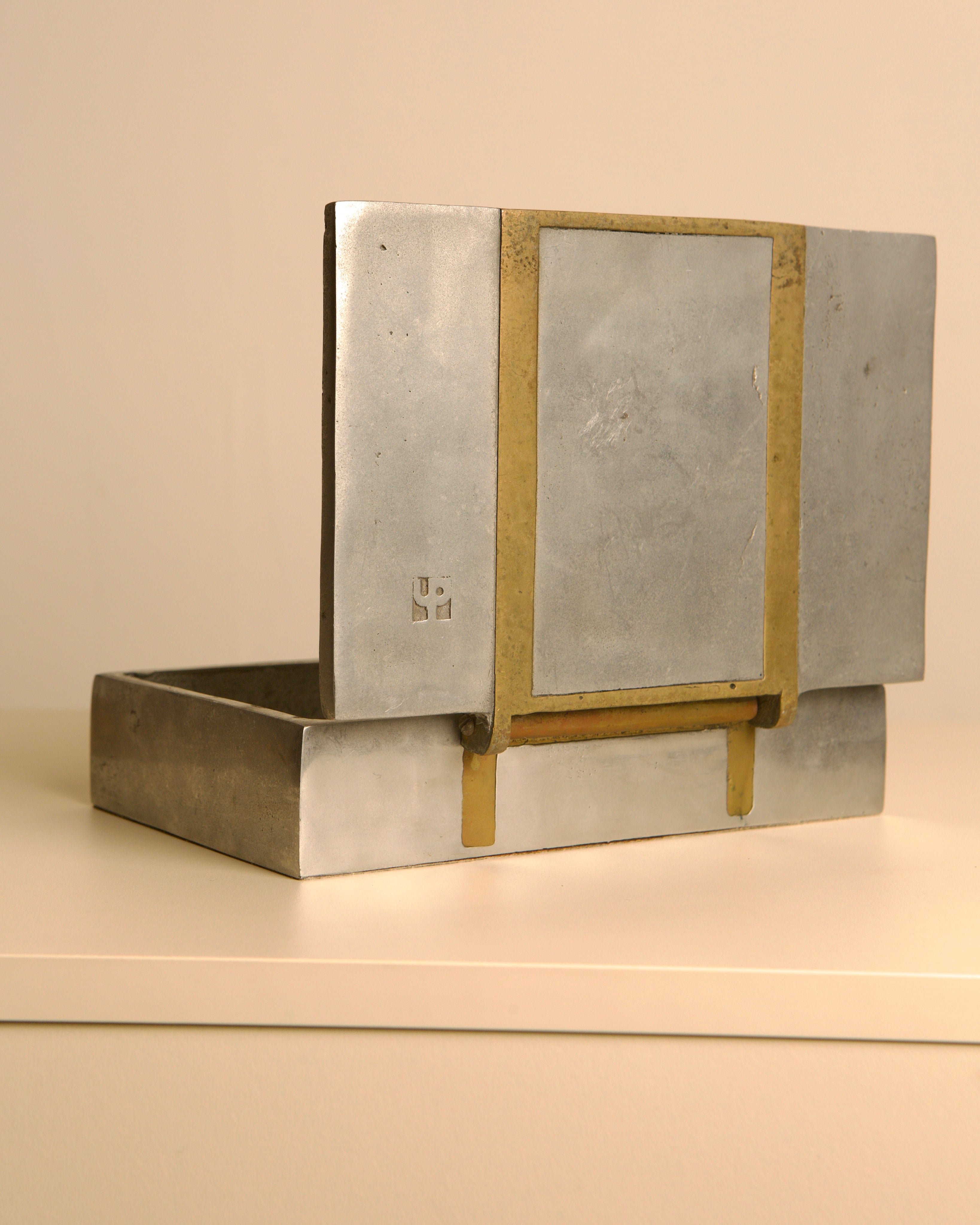 Large brutalist metal and brass box by David Marshall 70s — alternate view