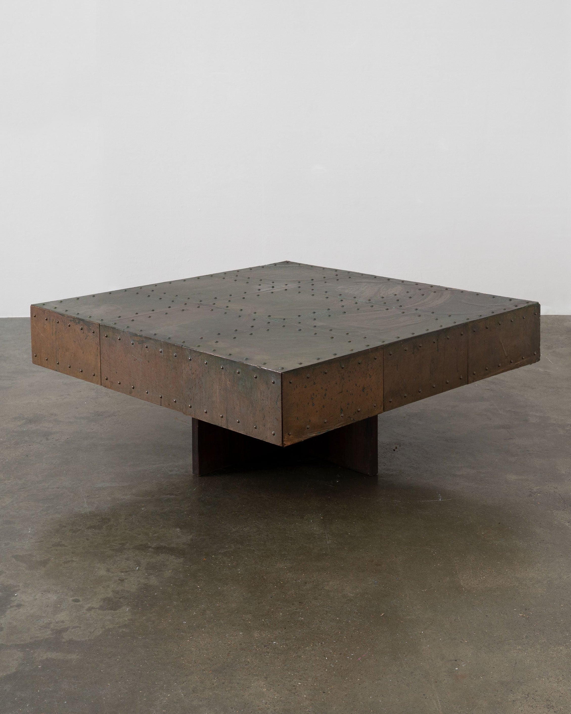 Brutalist Artisanal Copper and Mahogany Coffee Table