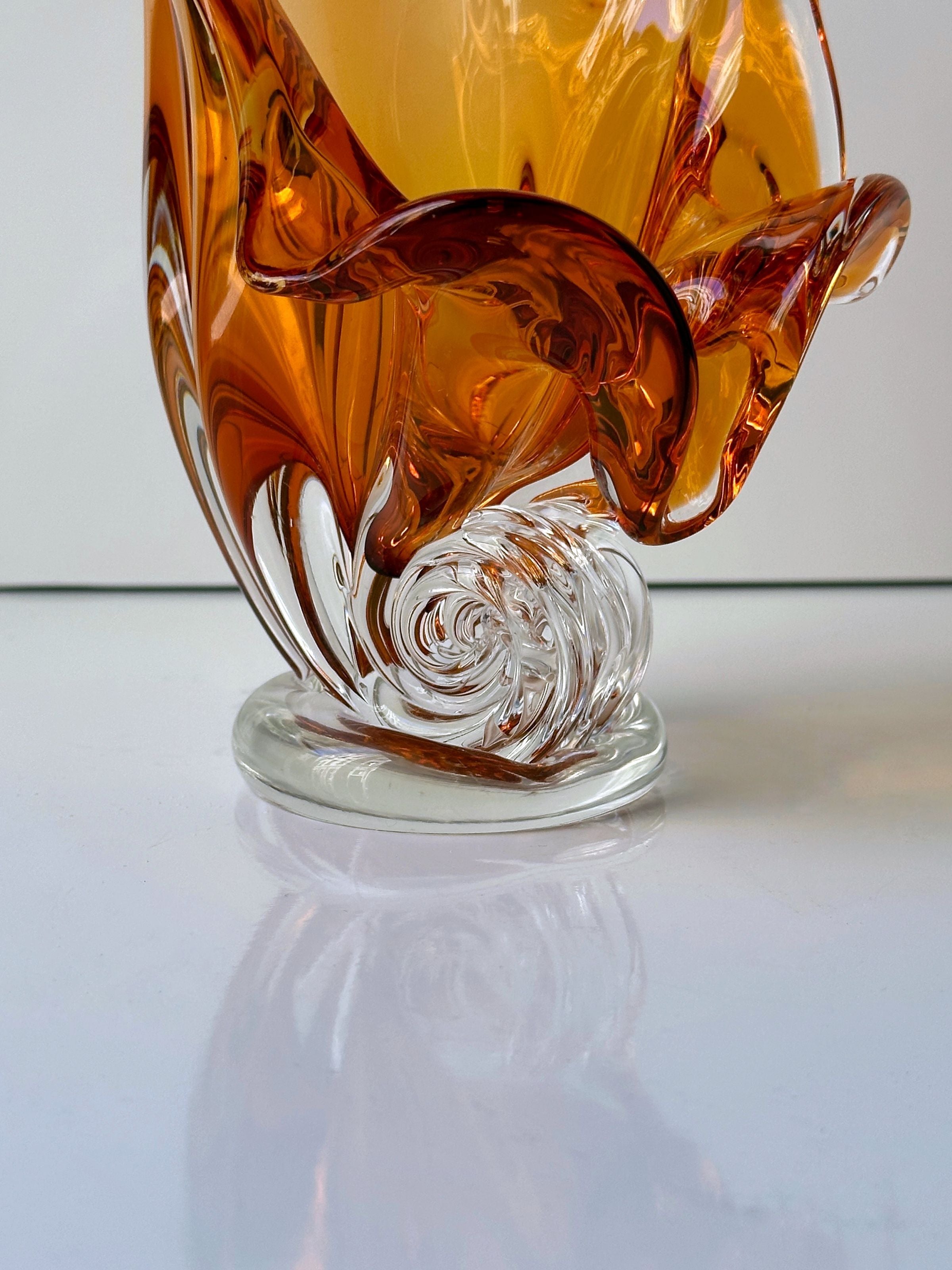 Orange/amber Coloured Murano Shell Bowl — angled view highlighting glass swirl detail