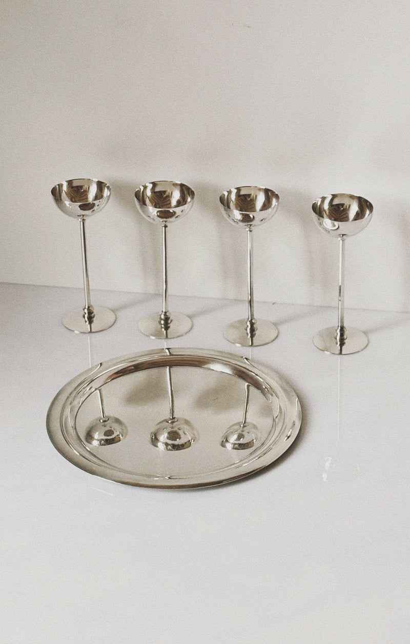 Silver plated champagne coupes and tray set from 1970s Poland