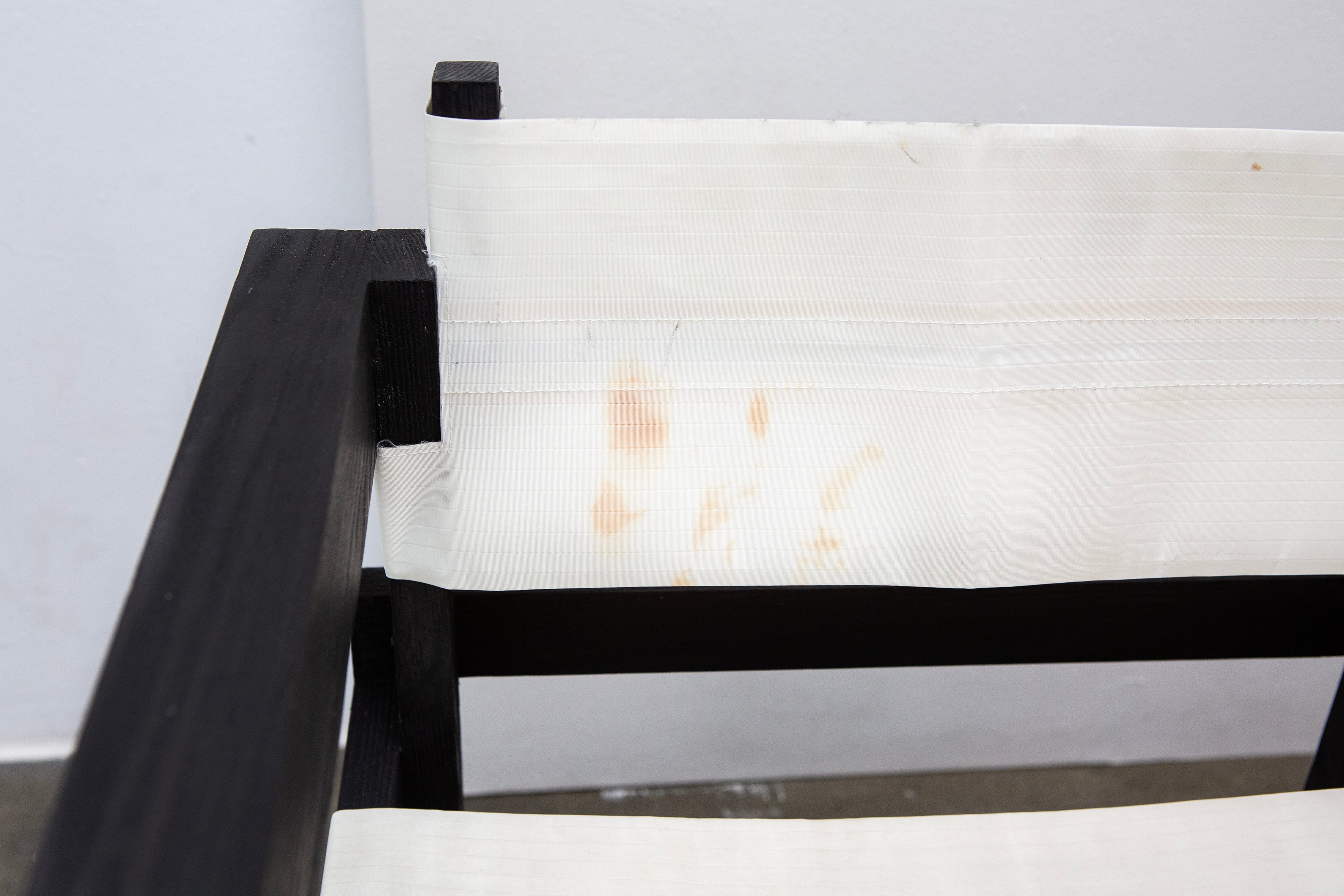 Modernist Dutch Chair after Gerrit Rietveld (1-6) — back view showing fabric with stains
