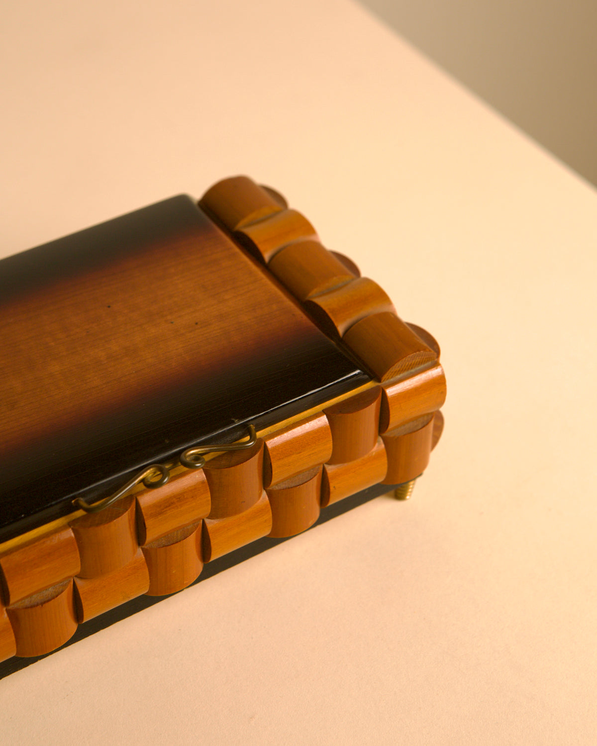 Italian woven wood and brass box, 1970s — close-up