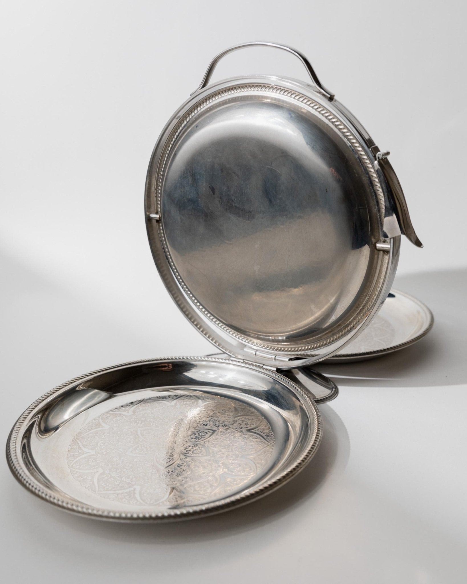 Vintage 1960s Folding Serving Tray Etagere, Three Engraved Stainless Steel Plates, Design by Carlo Alessi Mercury Series 898, Gift Idea — view 12