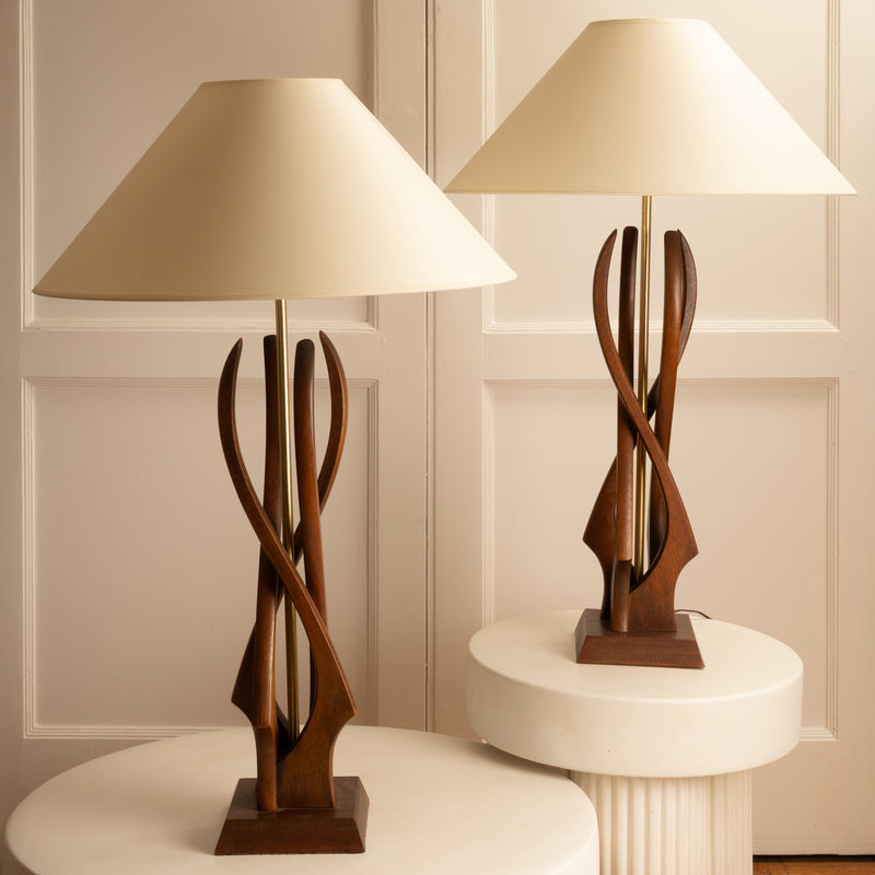 Pair of sculptural wood table lamps with conical shades, 1960s