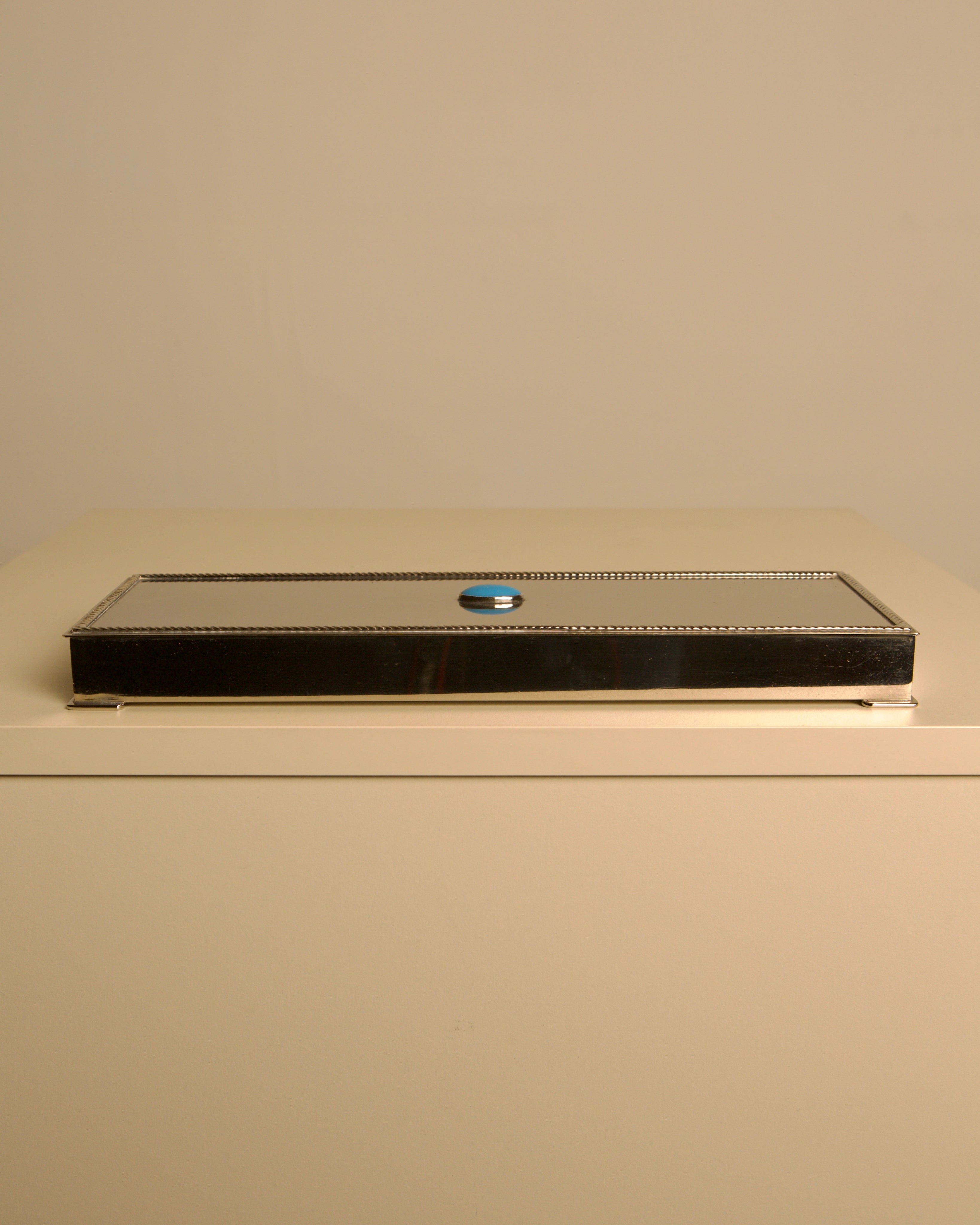 Italian Art Deco Silver-Plated Box with Turquoise Cabochon & Wood Interior, 1940s — side angle