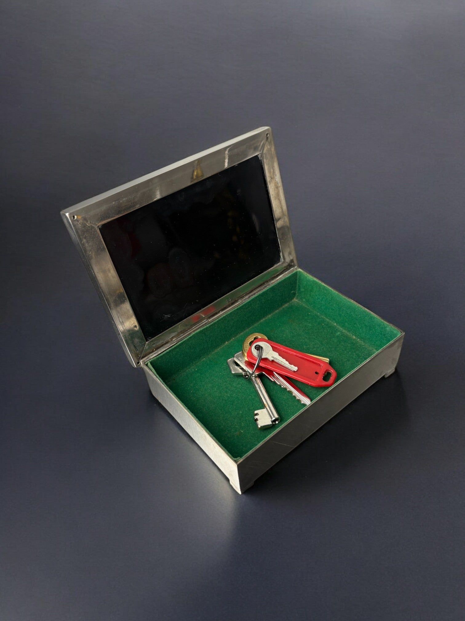 Lucite & Rattan Chromed Box, 1970s — open view with green interior and keys