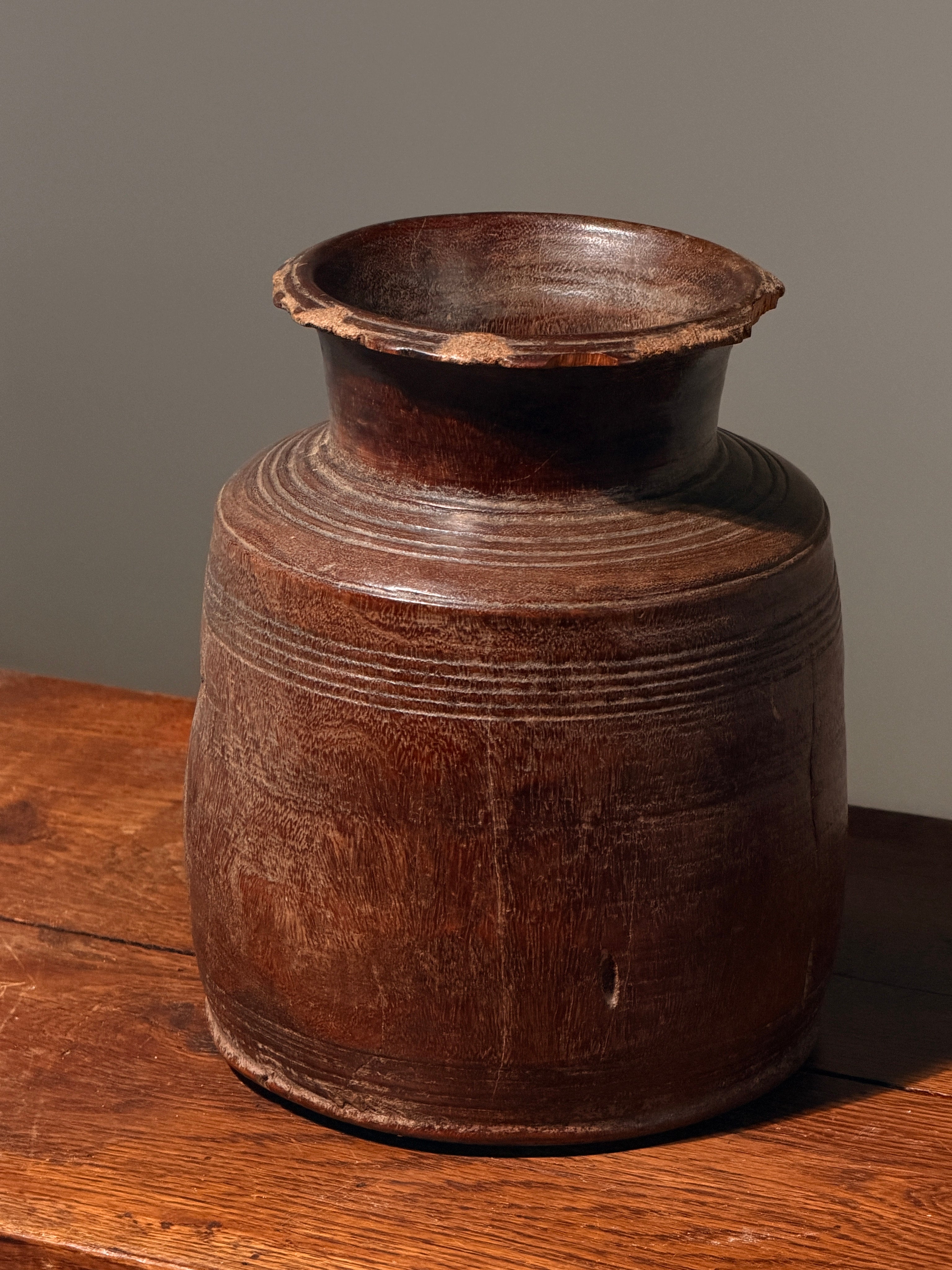 Carved wooden vase, French folk art, early 20th century. — side angle