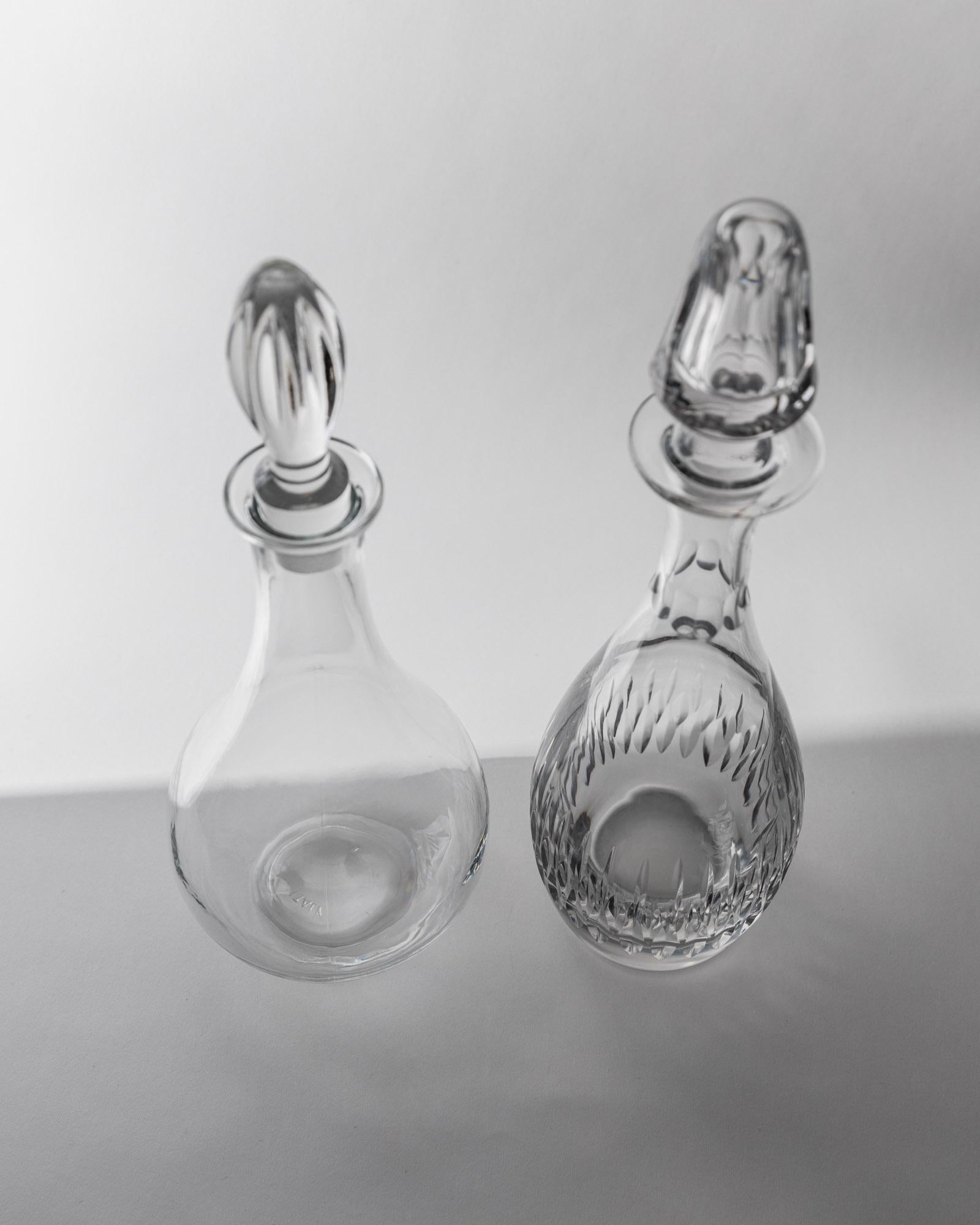 Vintage 1980s Glass Decanter Set of 2 — top view of clear glass decanters
